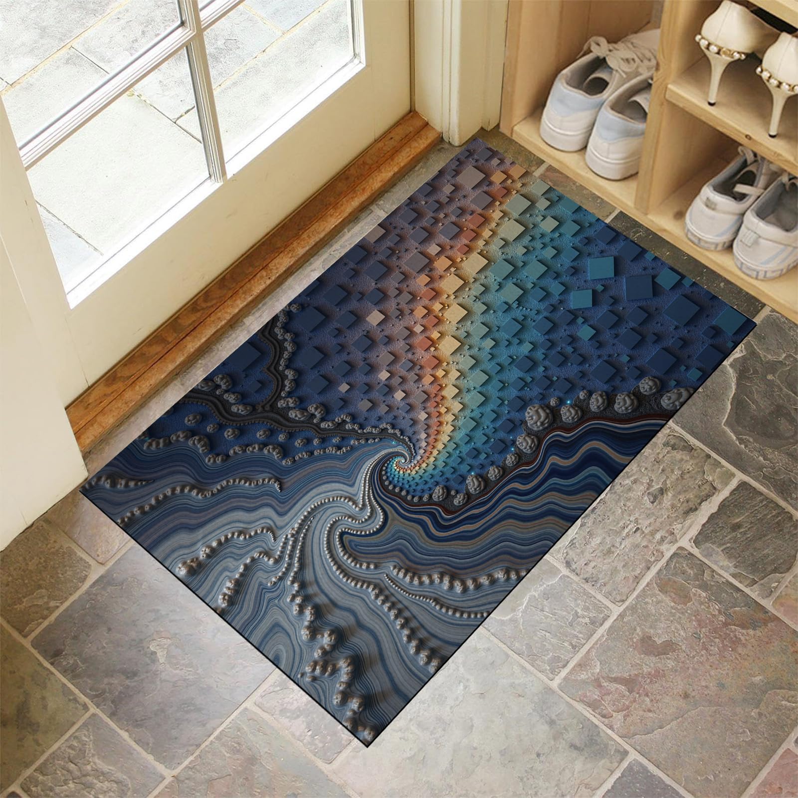 Alfombra entrada casa interior antideslizante con geometría compleja de diseño artístico gris