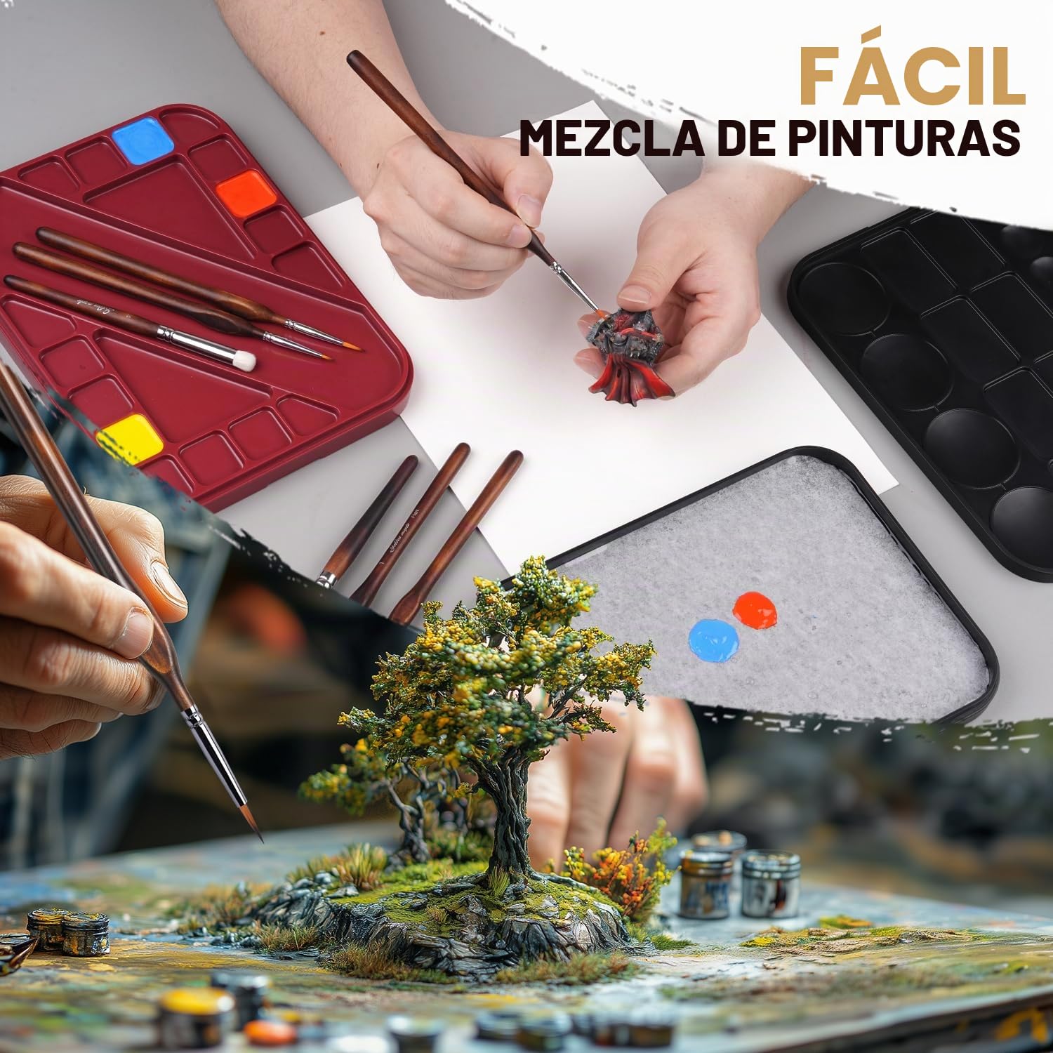 Golden Maple Kit de pintura en miniatura con paleta húmeda, 11 pinceles de pintura de detalle, 100 piezas de papel de paleta húmeda, 4 esponjas, soporte para pinceles, paleta de ahorro de pintura para