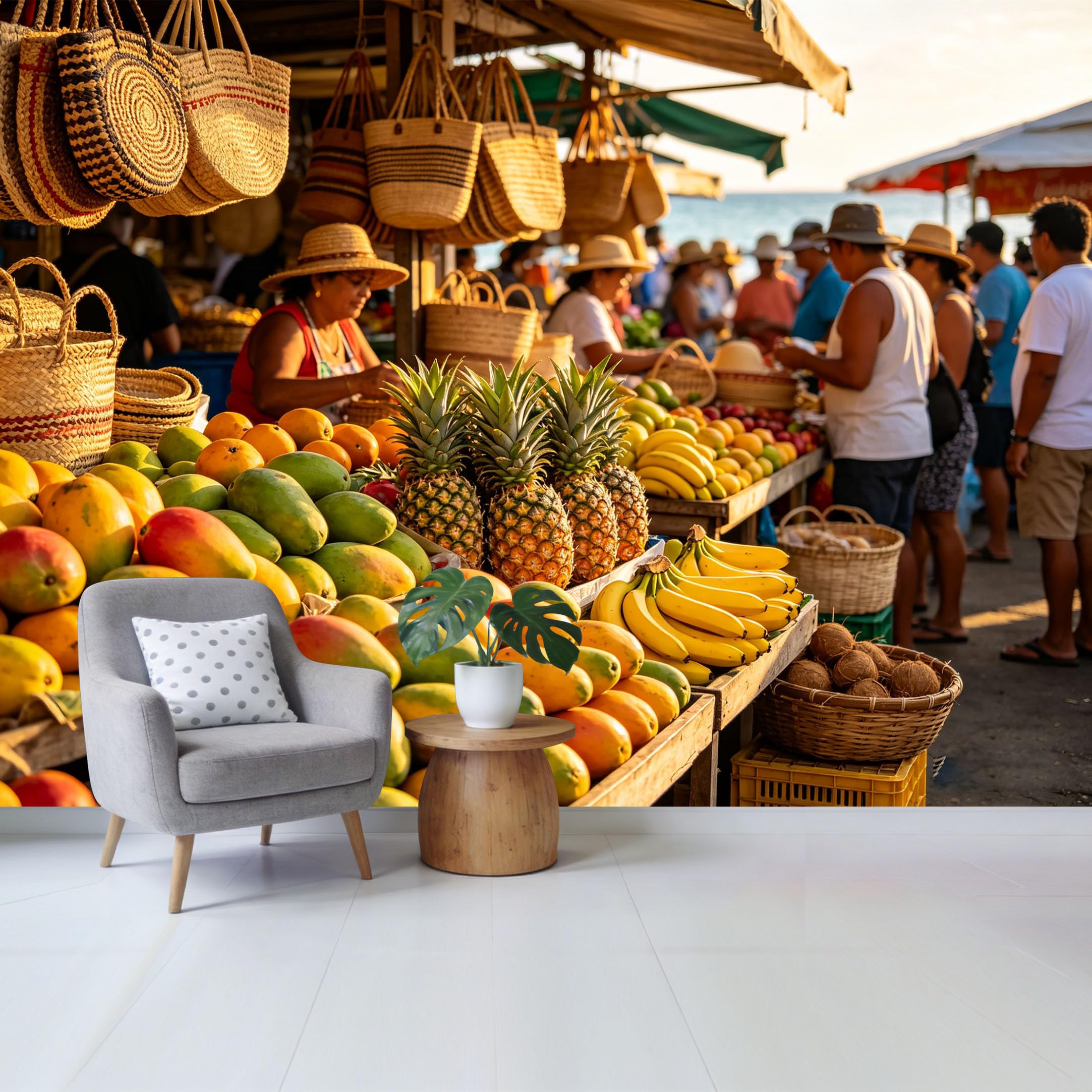Qzlithotic Yq2605250773 Custom Size Wall Mural Vibrant Tropical Fruit Market Pineapple Mango Banana Exotic Outdoor Street Scene Selfadhesive Wall Fabric Removable Wallpaper For Home Office Decor