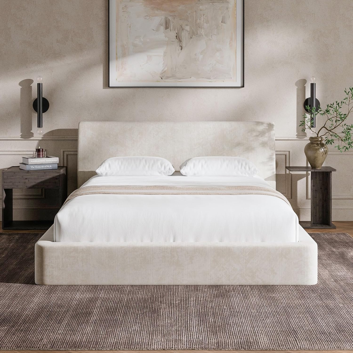 RECCI Polsterbett 160x200 cm, Weiches Schaumstoff-Bettgestell mit Ergonomischem Kopfteil, Vollgepolstertes Cloud-Design, Ohne Boxspring, Einfache Montage (Beige)