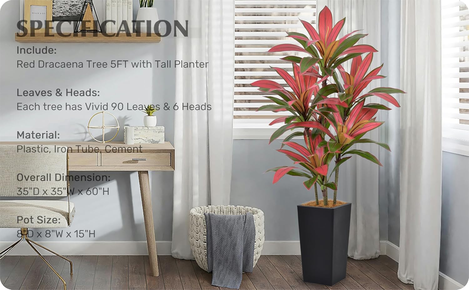 Artificial Red Dracaena Tree 5FT with 90 Leaves & 6 Heads & White Tall Planter Cover with Coconut Fiber Tall Faux Tropical Silk Bicolor Plant 60 Inch for Indoor Home Office Porch Mall Decor - Image 7