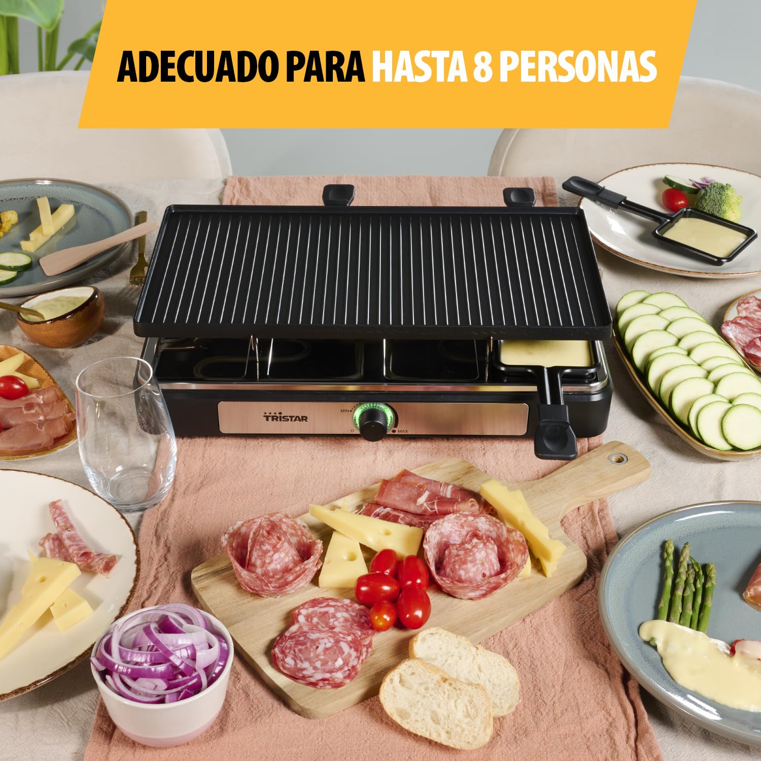 Tristar RA-2748 Raclette multifuncional 3 en 1; Raclette, piedra de cocción, grill, plancha/teppanyaki, Para 8 personas con 8 sartenes de raclette incluidas, 1400 W