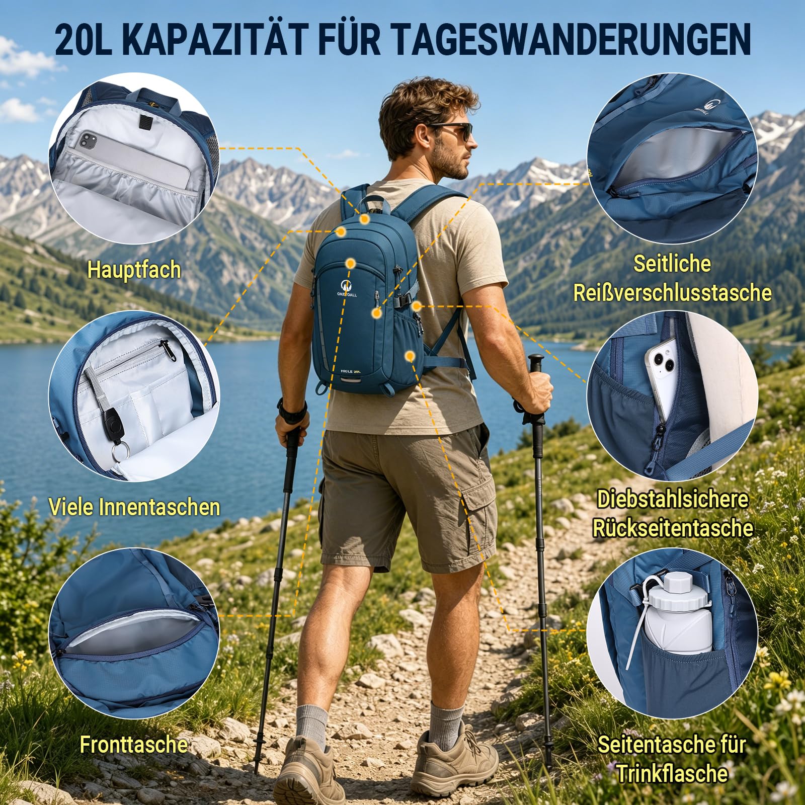 Wanderrucksack Damen & Herren 20L, Leichter Tagesrucksack Klein, Rucksack Wasserdicht mit Regenhülle für Tageswanderungen, Kurze Touren, Radfahren, Pendeln, Nur 510g