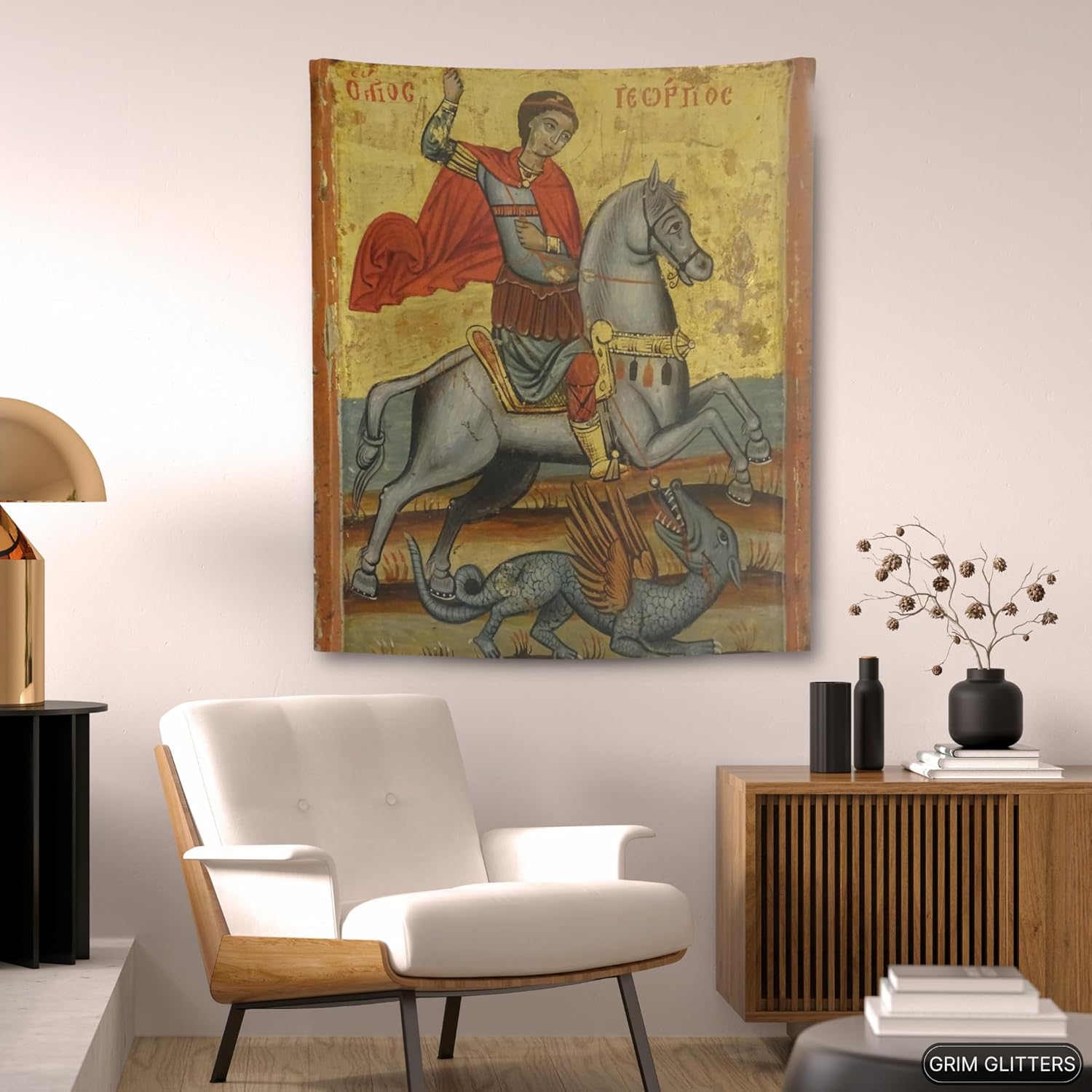 Saint George and the Dragon Tapestry - Byzantine Icon - Orthodox Christian Art - Historic Home Decor - Religious Wall Hanging