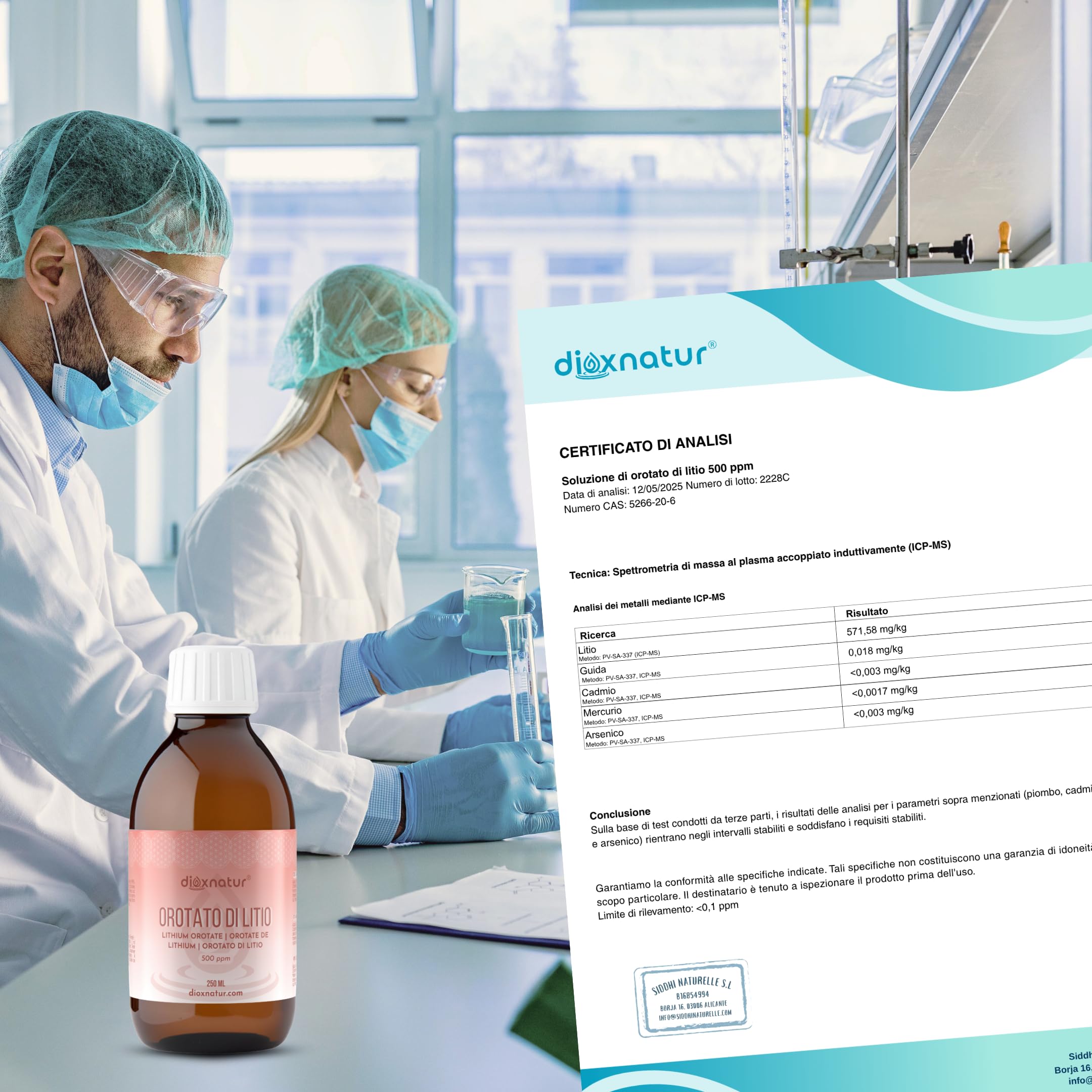 Orotato di litio liquido 250 ml - 0,5 mg/ml - 500 ppm - Purezza 99% - Pipetta inclusa