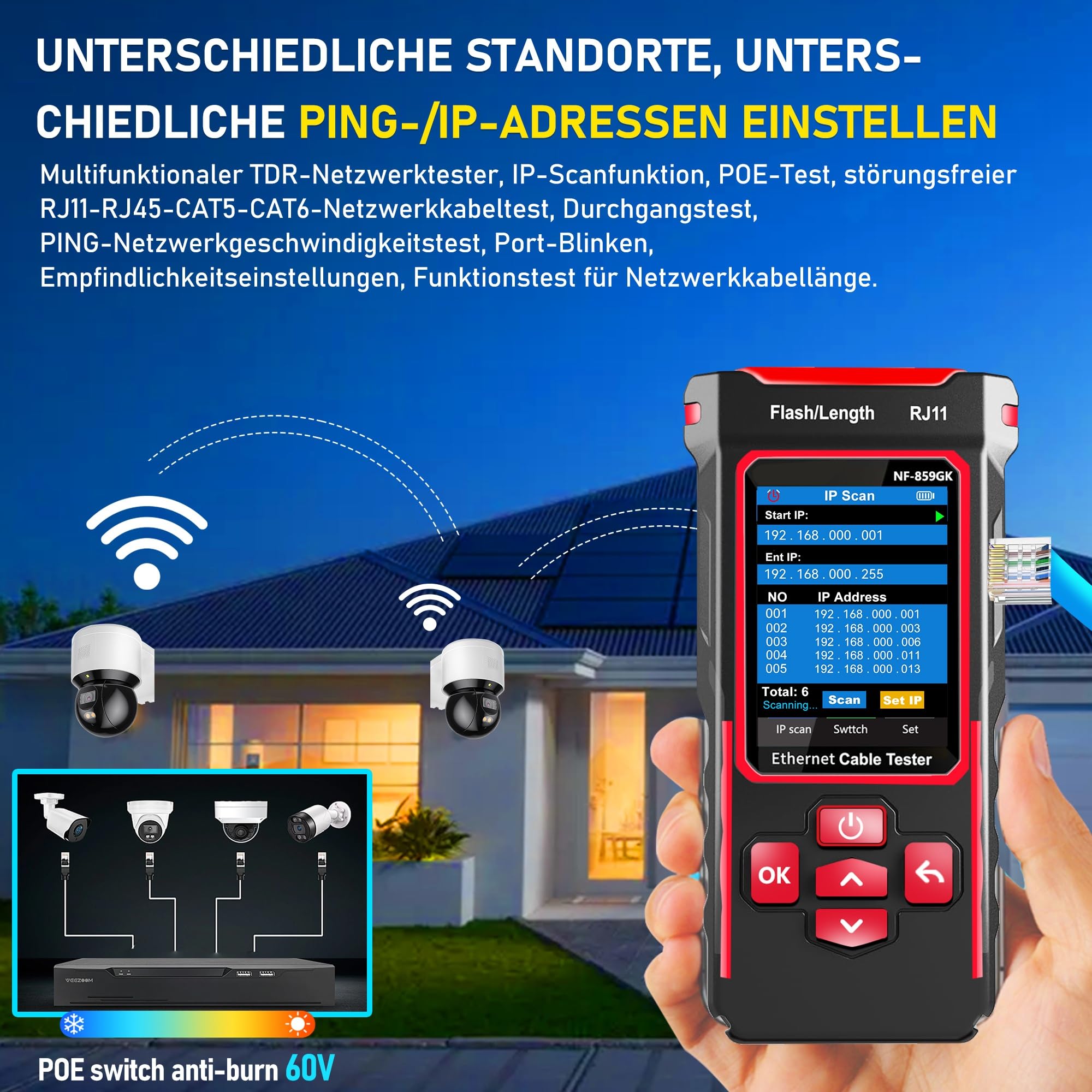NF-859GK Netzwerk-Kabeltester TDR Multifunktional mit IP-Scan/VFL/PING/POE/CAT5 CAT6 CAT7 /RJ45 RJ11 Kabeltester für Telefonleitungen Ethernet-Kabeltester LAN-Netzwerktester