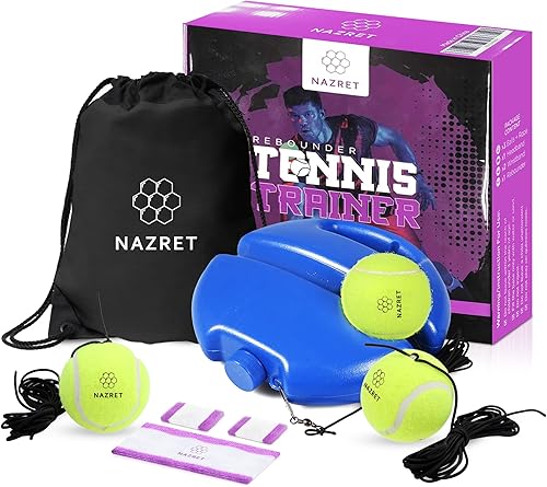 NAZRET - Juego de entrenamiento de tenis rebotador, equipo de práctica de entrenador de tenis solo con diadema, pulseras, bolsa con cordón, 3 bolas,