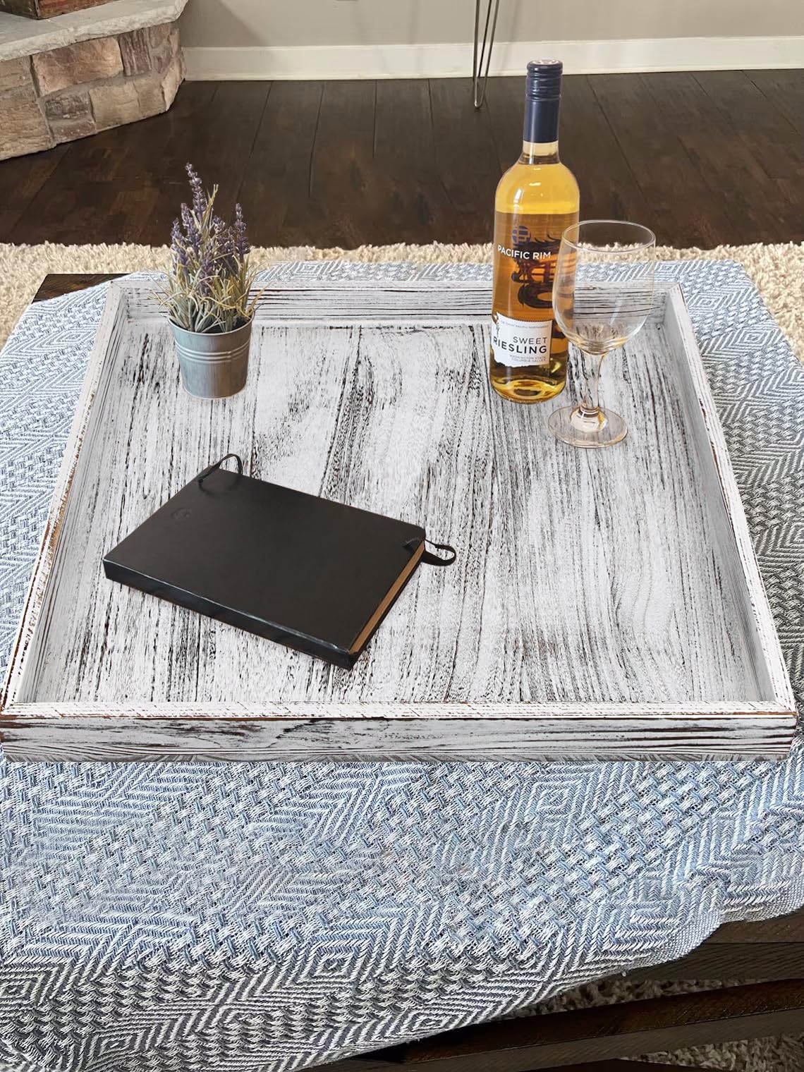 Gurfuy Extra Large Square Ottoman Table Tray 24" - Rustic Wooden Serving Tray for Farmhouse Decorative Oversized Coffee Table Trays Living Room Kitchen Counter Breakfast Whitewash