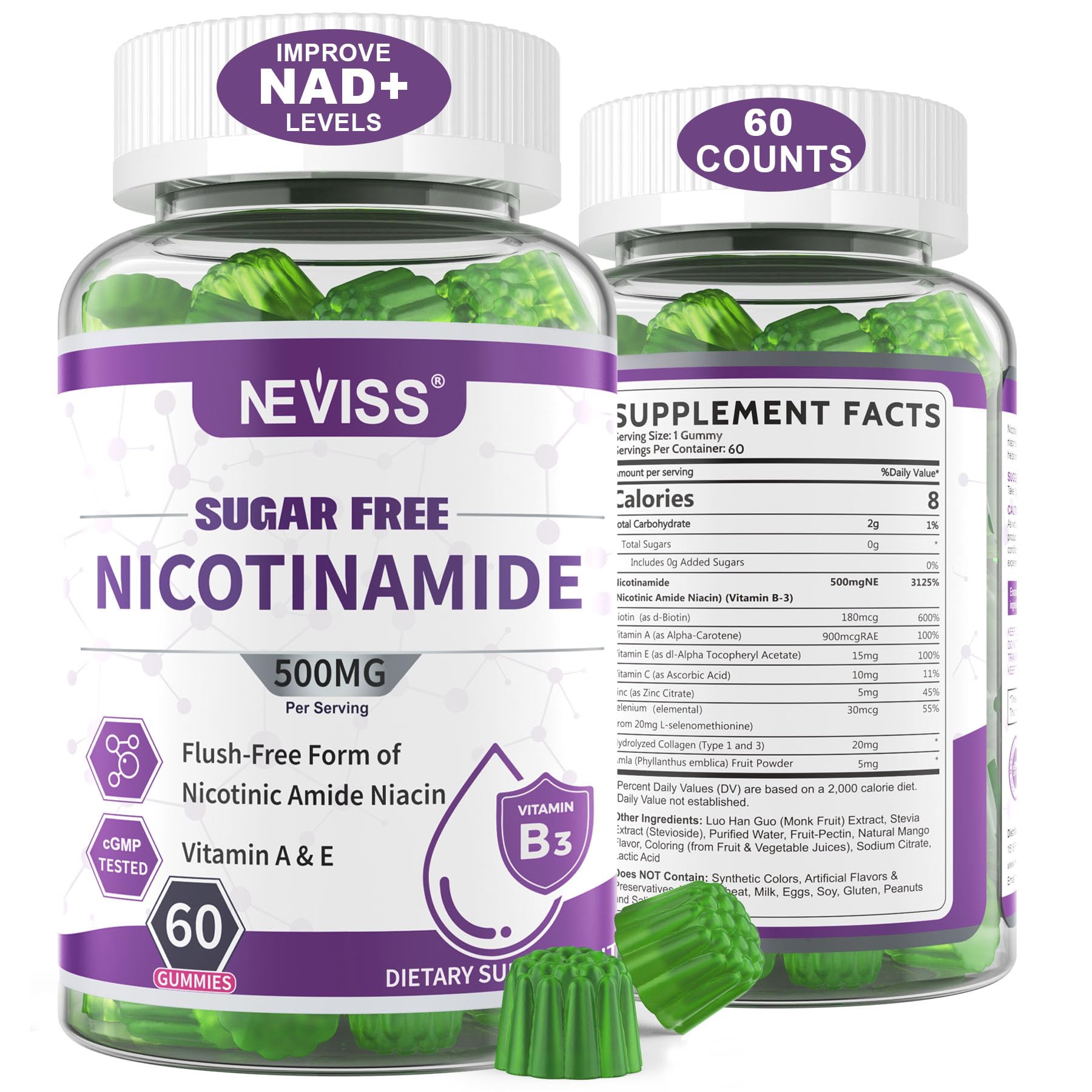 Nicotinamide 500mg Gummies, (Flush Free Niacin) Vitamin B3 Supplement,60Cts 1 Count (Pack of 60)