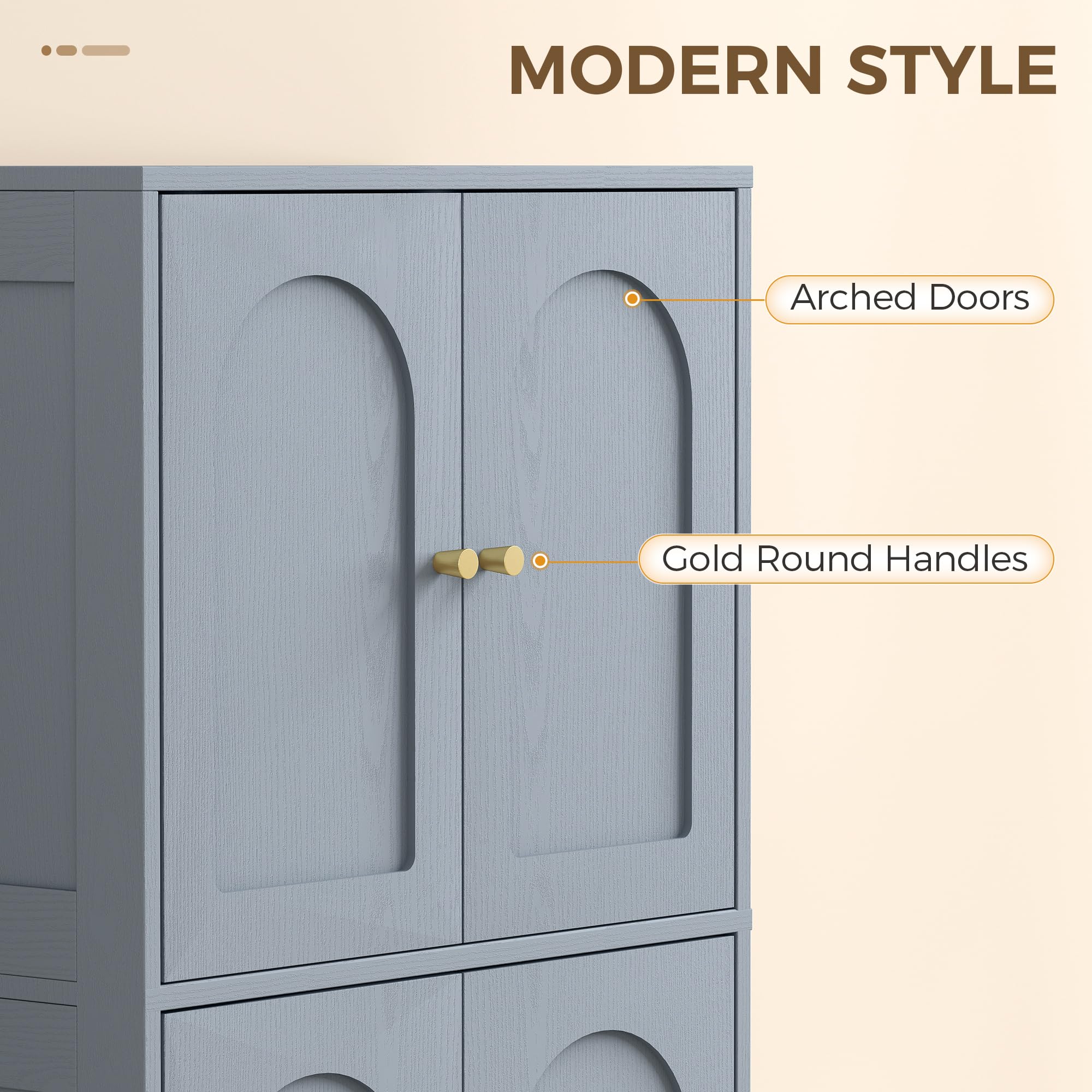 HOMCOM Armoire de cuisine de 110 cm, placard de rangement de cuisine indépendant avec 4 portes cintrées et 2 étagères réglables, placard de garde-manger moderne pour salle à manger, gris