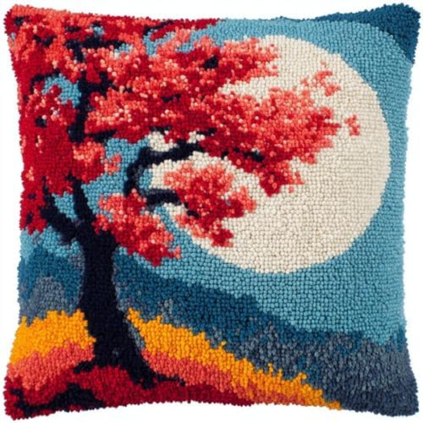 kitphoenix Latch Hook Kit for Adults Beginners,Cherry Flower Tree Blue Moon,DIY Cushion Cover Craft Kit,Pre-Printed Rug Making Embroidery Crochet Kit with Yarn & Hook,43x43 cm Pillow Cover Making Set