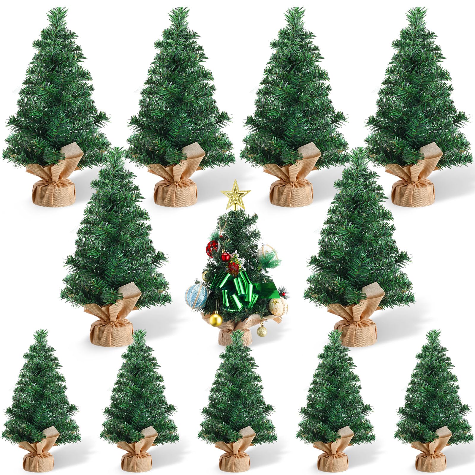Libima 12 Pcs Tabletop Mini Christmas Tree 11.8 Inch 7.9 Inch Artificial Miniature Pine Tree Small Fake Xmas Tree with Linen Base for Winter Mantel Holiday Decorations Indoor Home Kitchen Dining Table