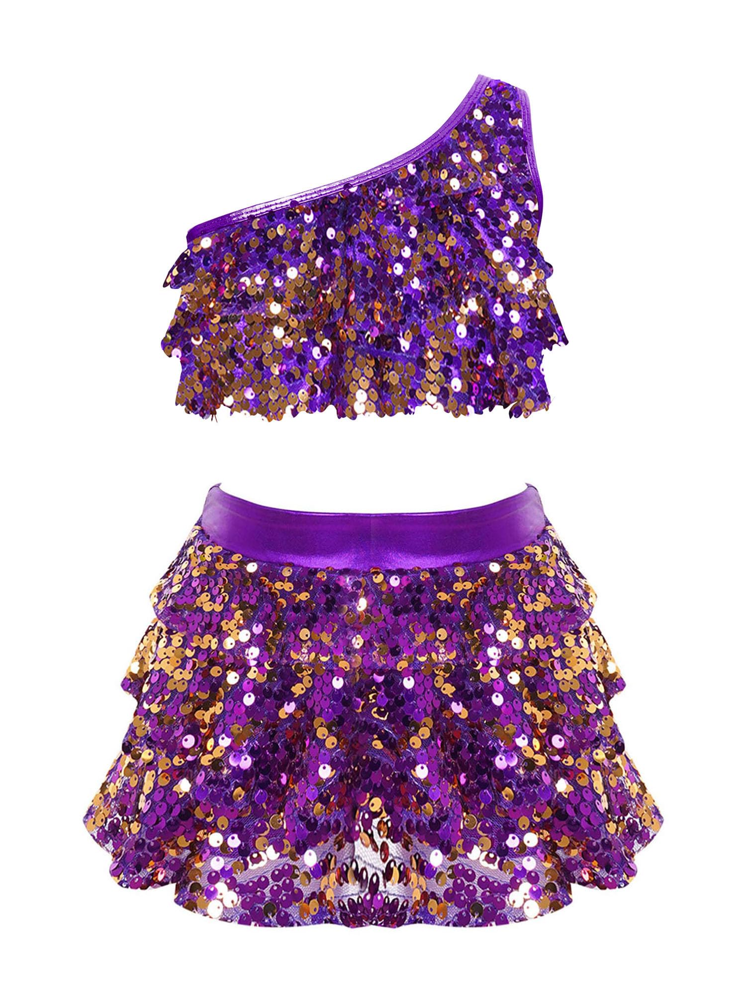 IEFIEL Traje Lentejuelas de Baile Latino Jazz para Niñas Maillot de Patinaje Artístico Crop Top y Falda con Volantes Disfraz de Danza Competición 3-16 Años