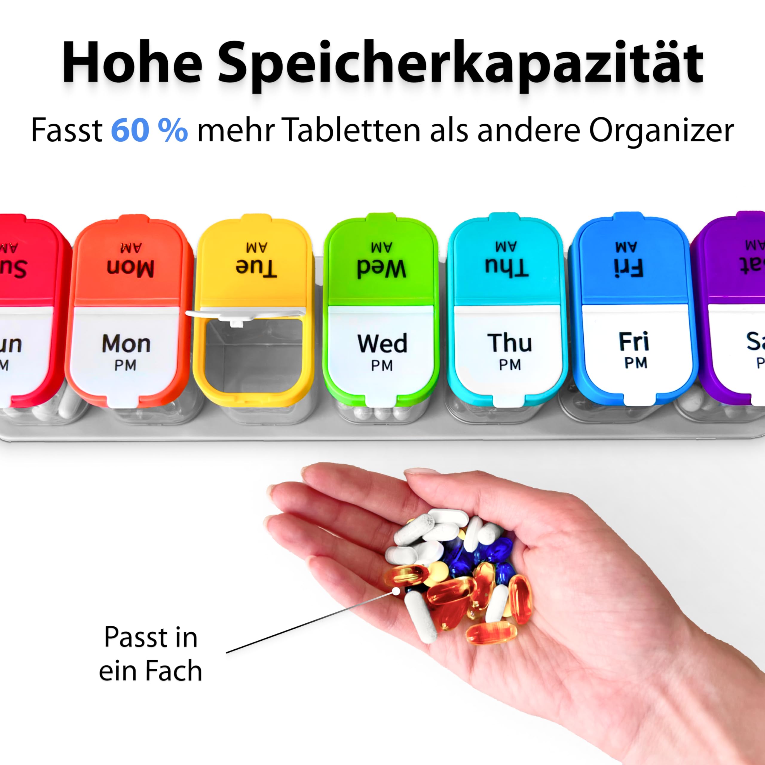 Extra große Tablettenbox 7 Tage morgens abends - XXL Wochen Pillendose - übergroße Medikamentenbox für eine Woche Tabletten Organizer mit großen herausnehmbaren Tagesfächern Pillendose 2 Fächer