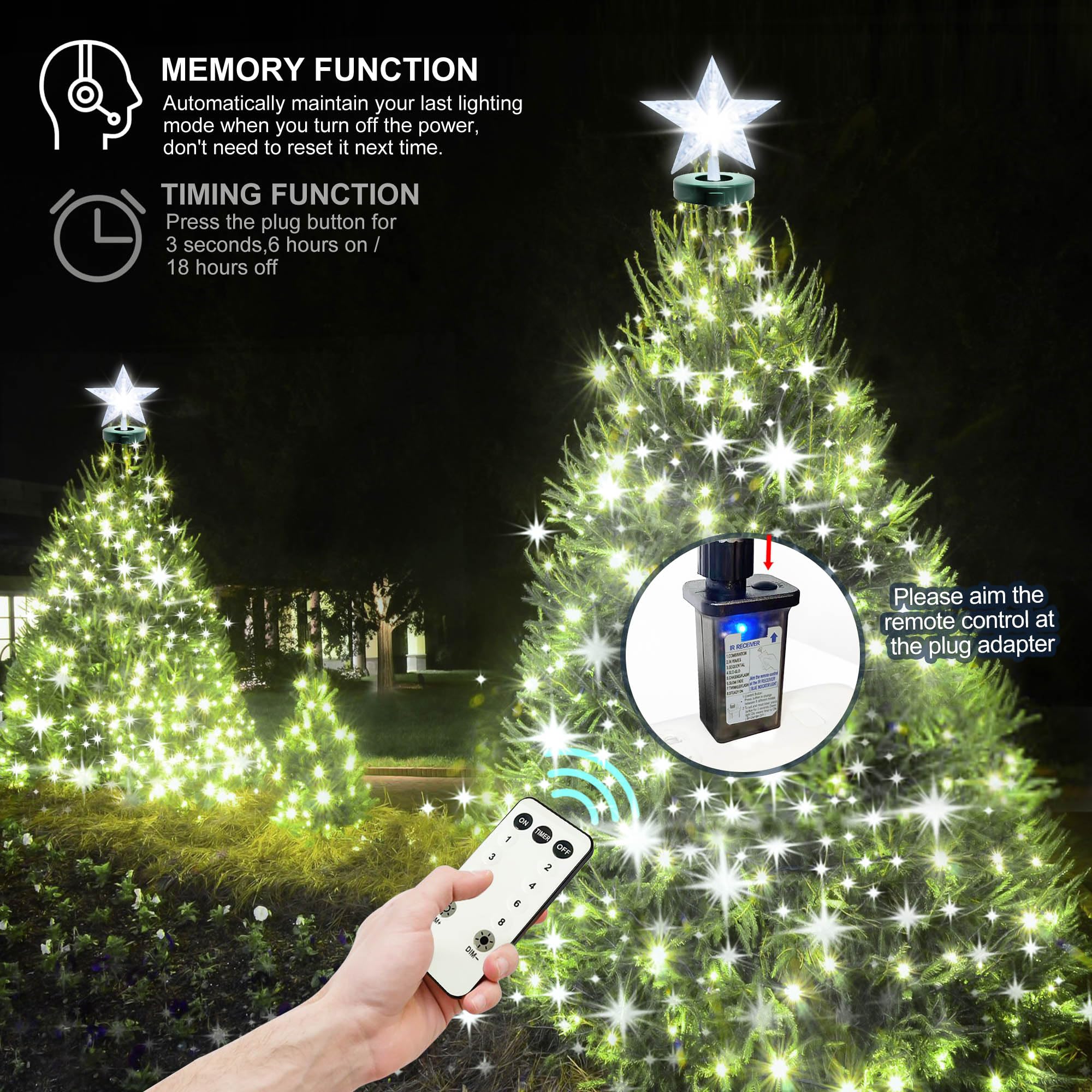 Catena di luci per albero di Natale con stelle, 410 LED, illuminazione natalizia, rete luminosa con telecomando, 2 m, luce per albero di Natale con anello per interni ed esterni, bianco freddo