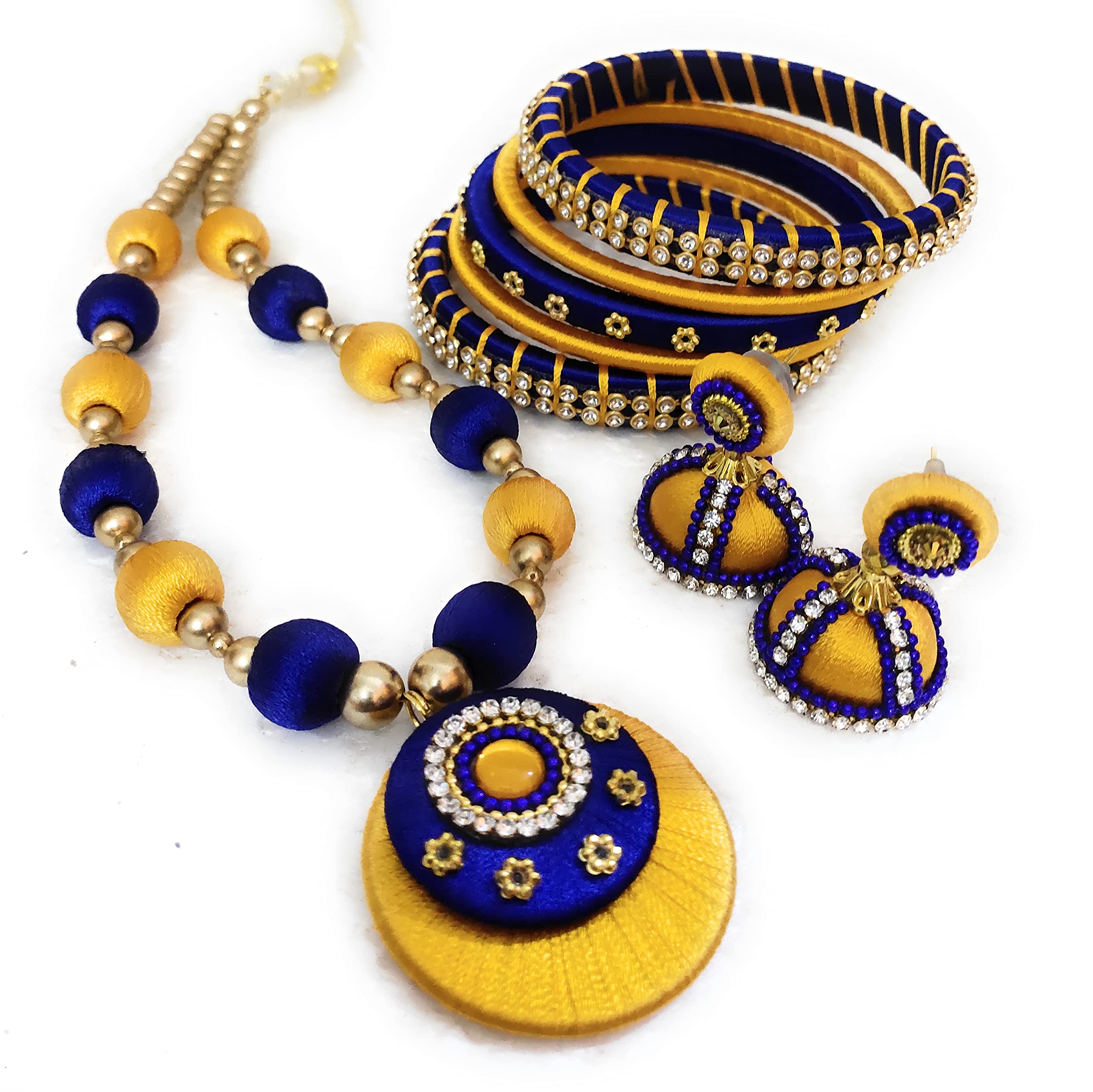 Hasini Creations Navy blue and Mango yellow silk thread ethnic jewelry set (2.6) (B09H6J648P) Amazon Price History, Amazon Price Tracker