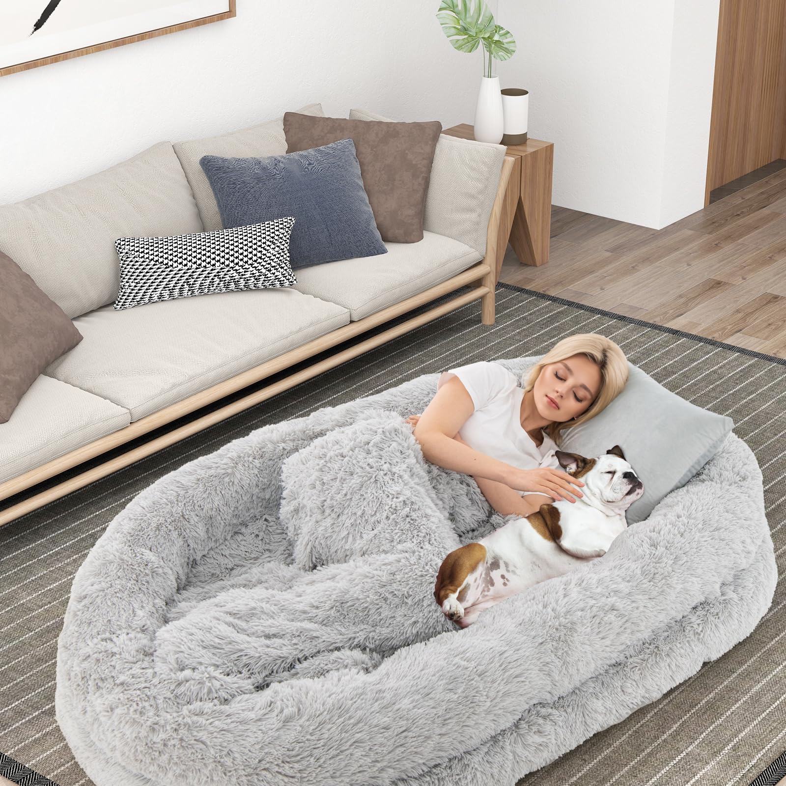 COSTWAY Human Dog Bed, Giant Human Sized Pet Beds with Pillow, Blanket, Washable Cover, Non-Slip Bottom, Orthopaedic Egg Comfortable Bean Bag for Adults & Furry Friends (Grey)