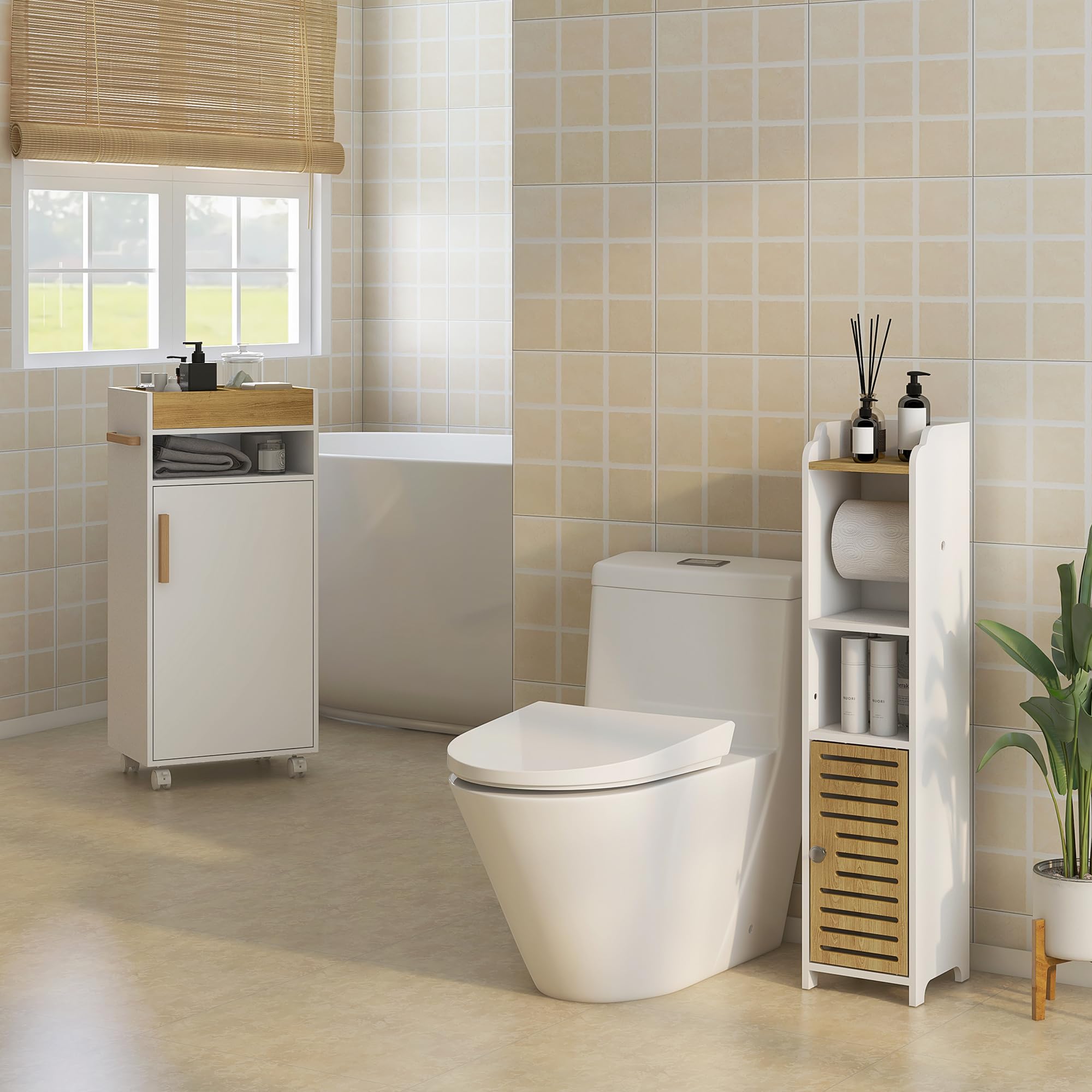 kleankin Armario de Baño Moderno con 1 Puerta 18x20x90 cm Blanco y Roble | Columna Auxiliar de Baño, con Estantes, Portarrollos de Papel, para Dormitorio Sala