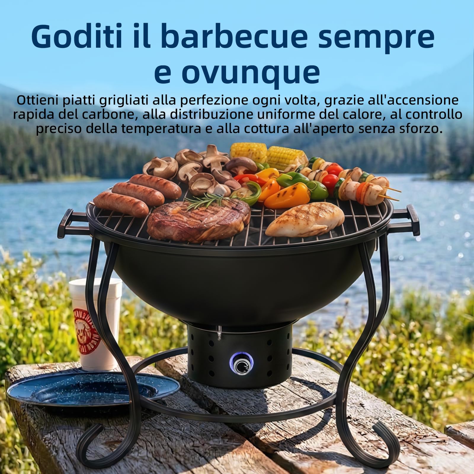 Barbecue Carbonella Portatile da 17" con Termometro Integrato, Presa d'aria Regolabile e Ventola Regolabile, Barbecue a Legna da Esterno per Campeggio, Tailgating e Cucina all'aperto