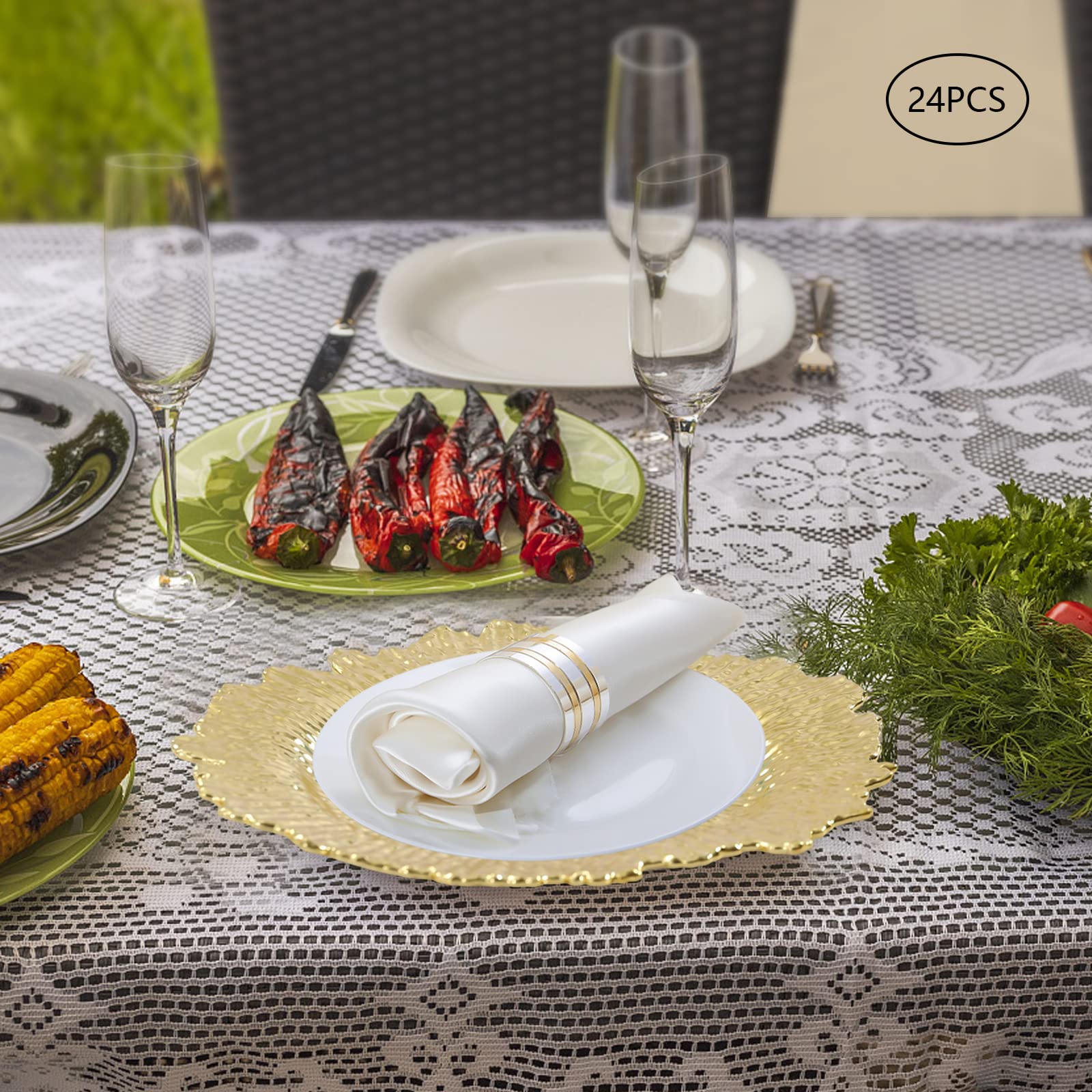 XIJIE 24 Pcs Plates Bulk 13 Inch/Charger Plate Ruffled Rim Dinner Charger Plate Round Shiny Decorative Charger for Wedding, Catering, Parties, Restaurant, Home Dinner Use (Gold)