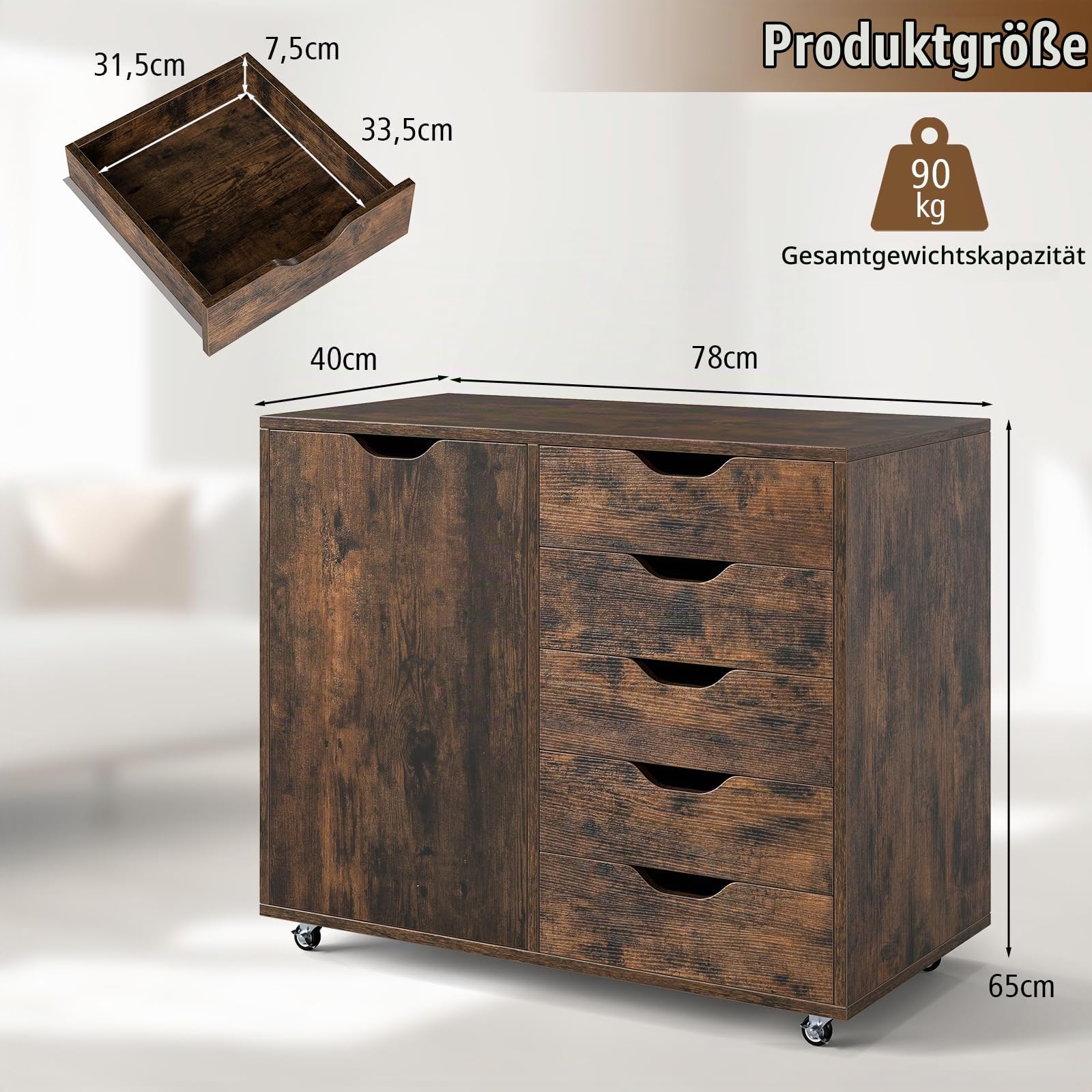 GIANTEX Rollcontainer mit 5 Schubladen & Schrank, Aktenschrank mit Rollen, Schubladenschrank Holz unter Schreibtisch, Druckertisch für Zuhause & Büro (Braun, 78 x 40 x 65 cm)