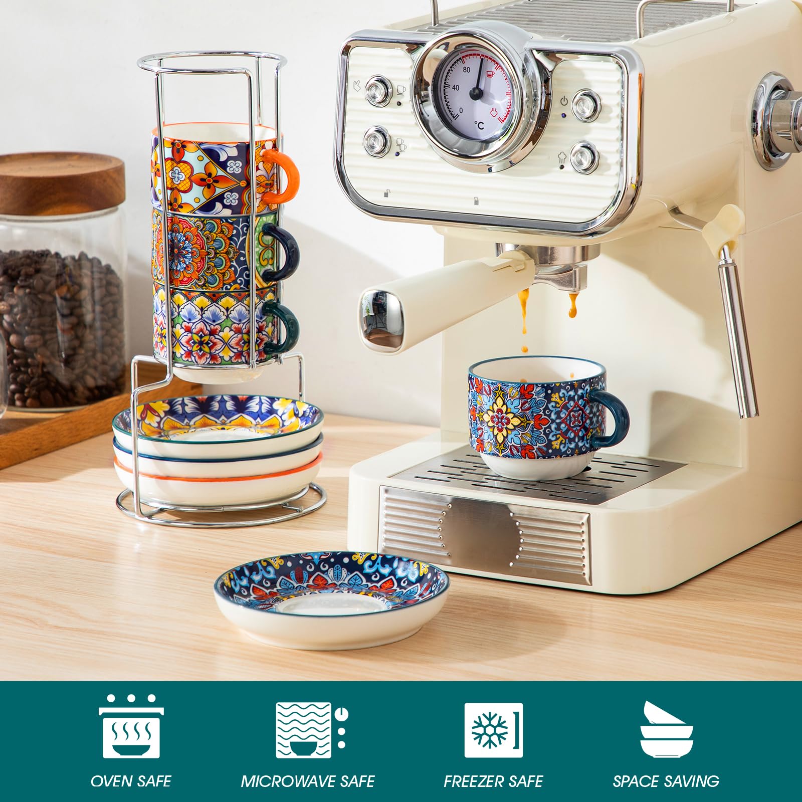 vancasso SIMI - Lot de 8 Tasses à Café avec Soucoupes (150ml) - Service à Café pour 4 Personnes - Porcelaine Résistante pour Expresso, Cappuccino - Design Bohème - Lavable au Micro-ondes