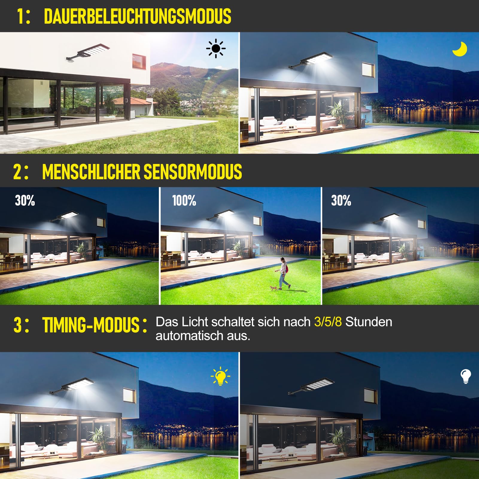Zewnętrzna lampa uliczna solarna 600 W z czujnikiem ruchu i zdalnym sterowaniem, 576 diod LED 6500K, IP65, wodoodporny, 3 inteligentne tryby