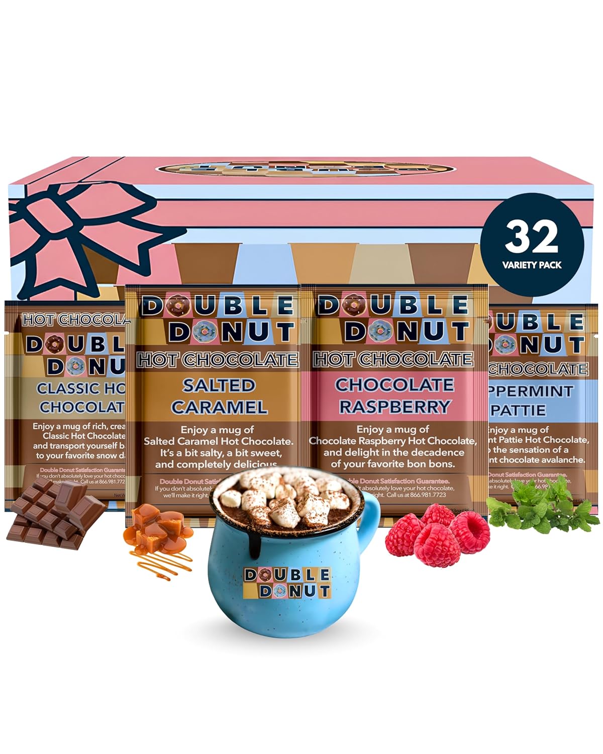 A packet of gourmet hot chocolate with marshmallows