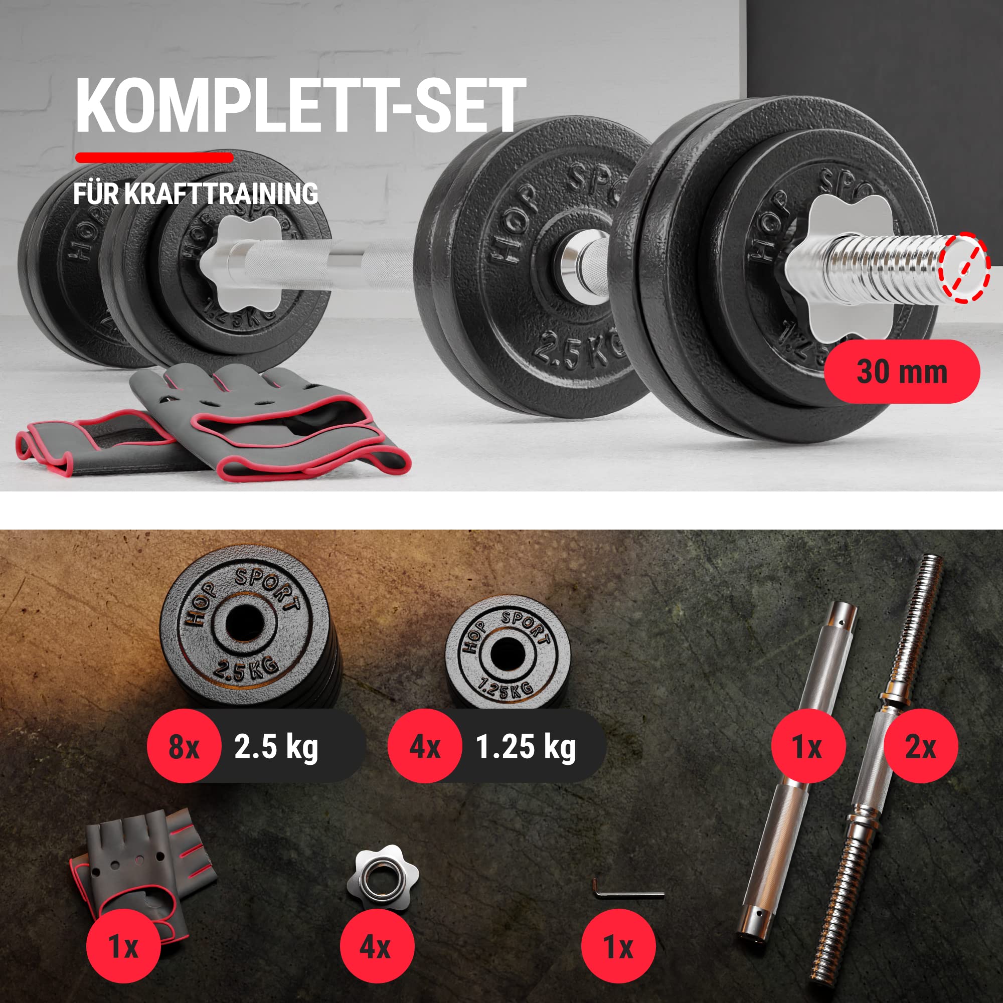 Hop-Sport 2in1 Hantelset Kurzhanteln & Langhantel – Verstellbare Gusseisen Hanteln mit Verbindungsrohr – Training Zuhause Krafttraining inkl. Trainingshandschuhe