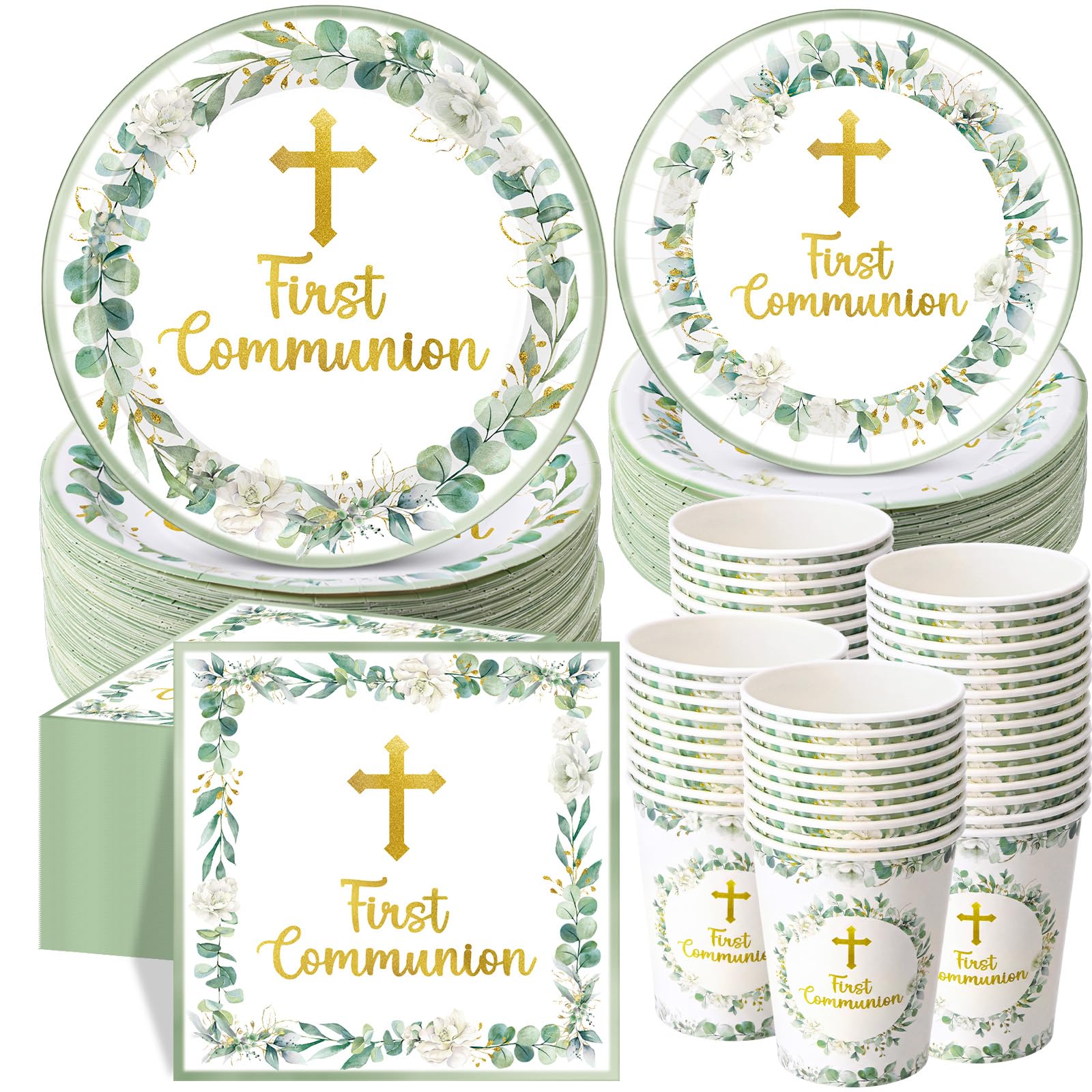 Pickmesh 250 Pcs Green First Holy Communion Disposable Tableware Set God Bless Baptism Disposable Paper Plates Napkins and Cups for Christening Celebration Baby Shower Religious Supplies Serve 50