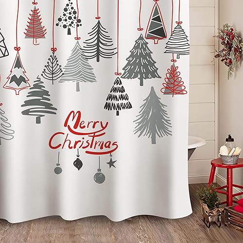 Miniatura 3 de Cortina de ducha abstracta de árboles de Navidad con líneas rojas para colgar en pinos, cortina de ducha para decoración de baño, 71 x 71 pulgadas
