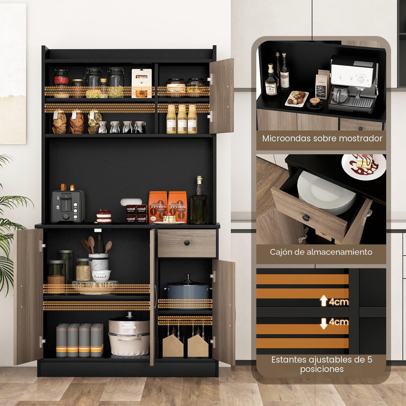 GIANTEX Alacena de Cocina con Puertas y Cajón, 100 x 40 x 180 cm, Aparador Buffet de Madera con 4 Estantes Ajustables, Armario de Almacenamiento para Cocina, Comedor (Negro+Roble)