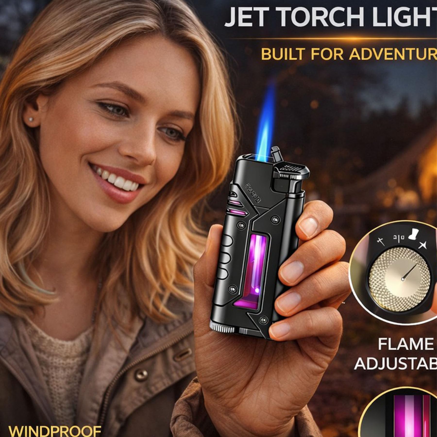 Mechero de metal resistente al viento, llama de chorro ajustable, recargable con combustible visible, perfecto para uso en exteriores por hombres y mujeres