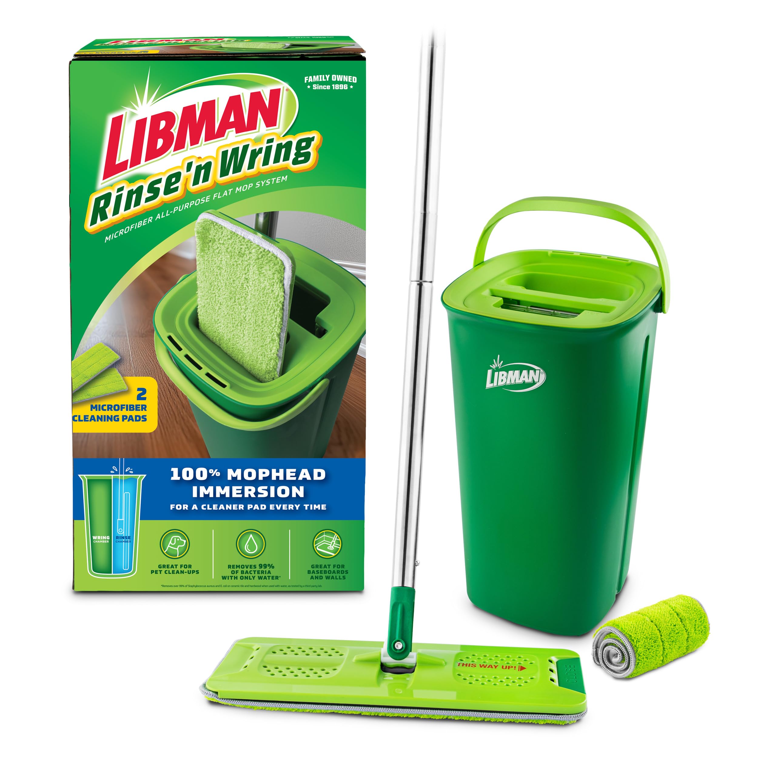 Libman Rinse 'n Wring Mop and Bucket System | Mopa de Microfibra para Suelos | Limpiador de Suelos de Madera Dura | Mopa húmeda y Seca | Cámaras de Agua Limpia y Sucia | Cuchillas de Goma | 2