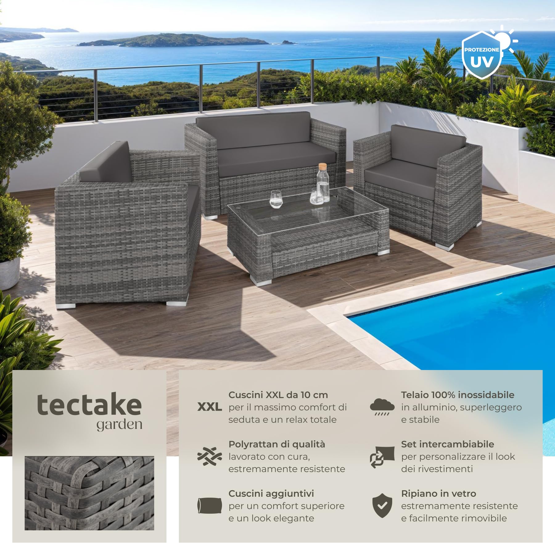 tectake® Set di Mobili da Esterno in Rattan e Alluminio, 1 Divano, 2 Poltrone, 1 Tavolino Salotto con Lastra in Vetro, Set di Rivestimenti per Cuscini, 4 Cuscini Extra Inclusi - Grigio