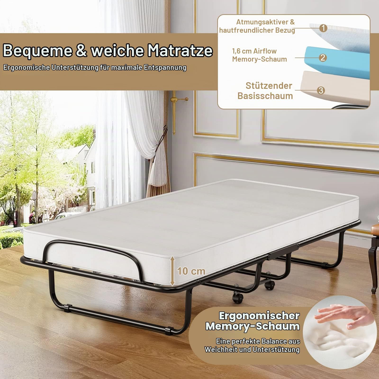 GIANTEX Gästebett klappbar, Klappbett 80x190cm Erwachsene, Einzelbett inkl. Matratze Memory-Foam, Reisebett mit 4 Rollen, klappbares Bett Faltbett Metallbett bis 120 kg belastbar