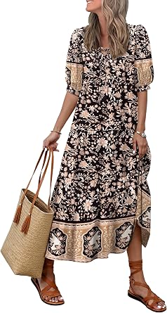 LUXVEER Womens Floral Boho Maxi Dress 2026 Summer V Neck Puff Sleeve Casual Loose Flowy Long Beach Dresses