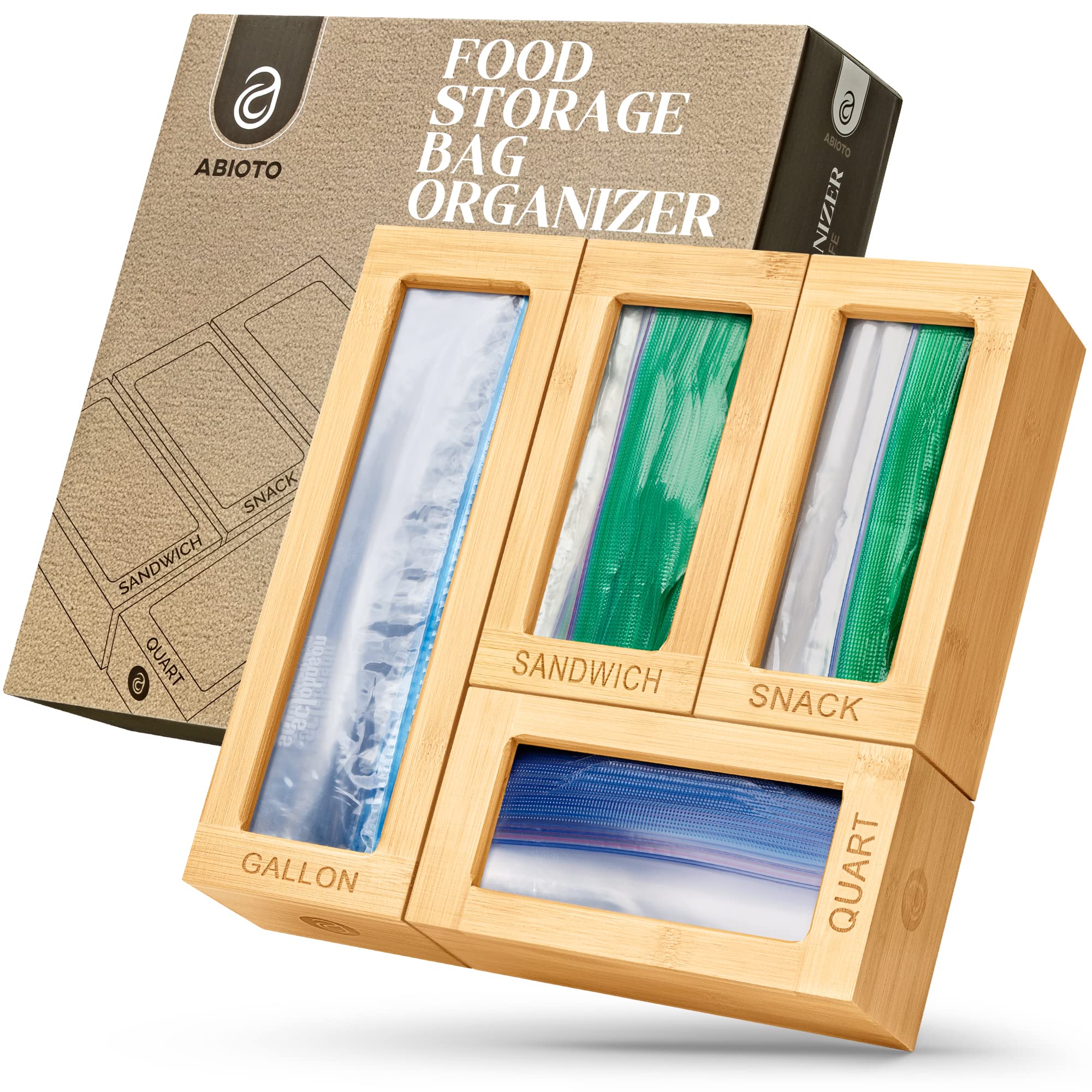 Food Storage Bag Organizer - Elegant and Sturdy Boxes with Laser Engraved Titles to Keep Kitchen Drawer Tidy - Compatible with Most Food Storage Bag Sizes Gallon, Quart, Sandwich, and Snack