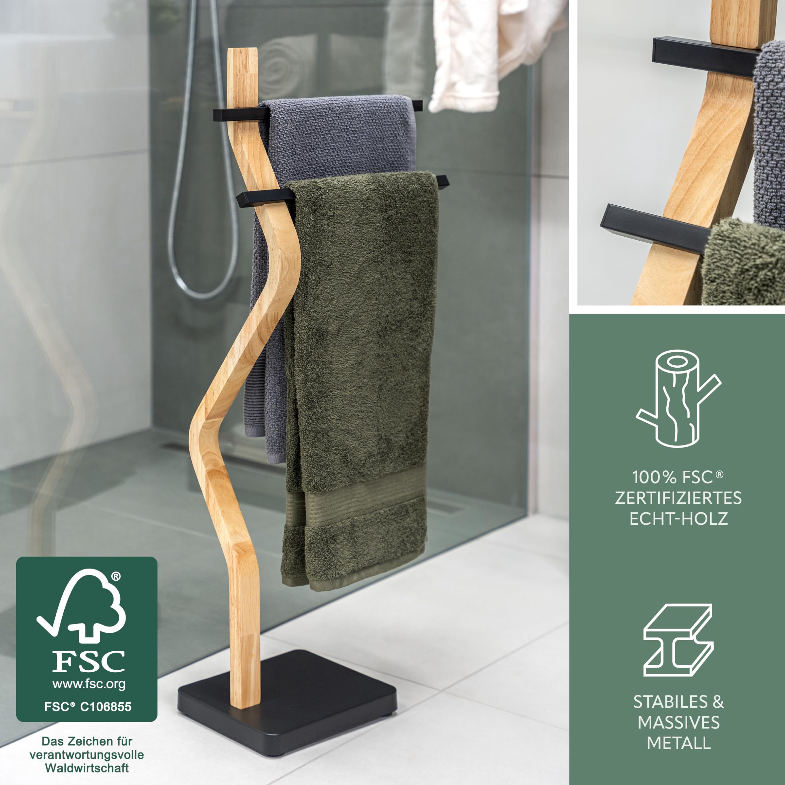 eluno Stand-Handtuchhalter freistehend, 2 Stangen für Handtücher, moderner Handtuchständer aus FSC-zertifiziertem Holz und Metall (Schwarz)