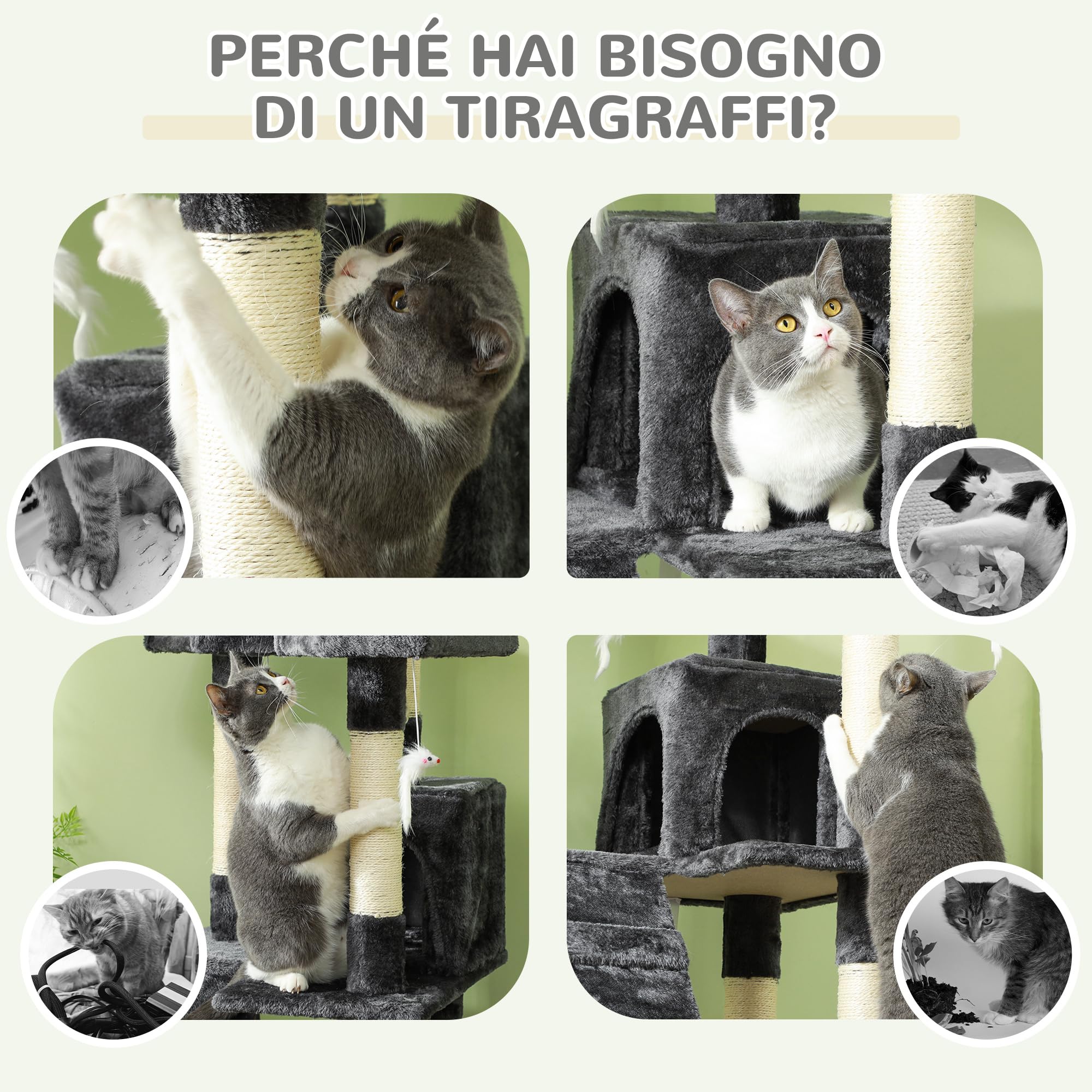 PawHut Albero Tiragraffi per Gatti con 3 Posatoi, 49x49x173 cm Grigio | 2 Casette e Giochi Appesi, Torre per Gatti, in Truciolato e Peluche