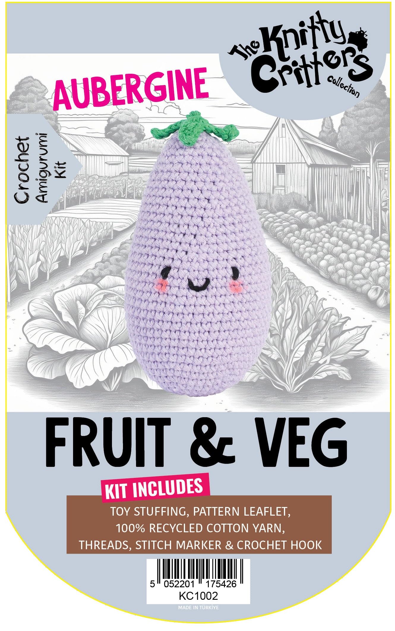 KNITTY CRITTERS – Fruit and Veg Crochet Kit – Aubergine| Beginner-Friendly Crochet Craft Kit with Recycled Yarn