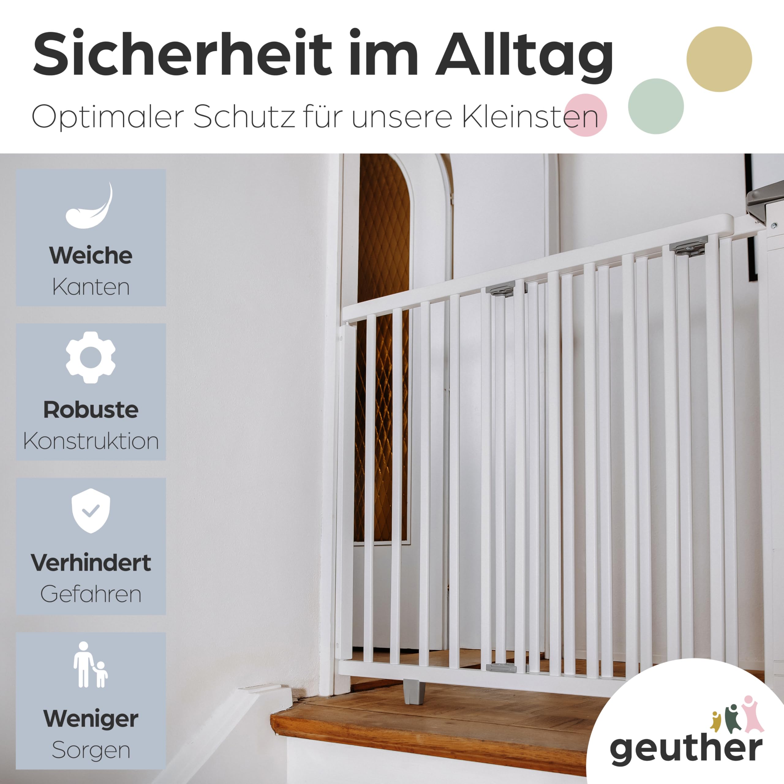 Geuther Treppenschutzgitter Oris | Türschutzgitter zum Anschrauben, Breite 95-135 cm, Stabiles Türgitter mit Schwenktür, Kindergitter Holz, Weiß