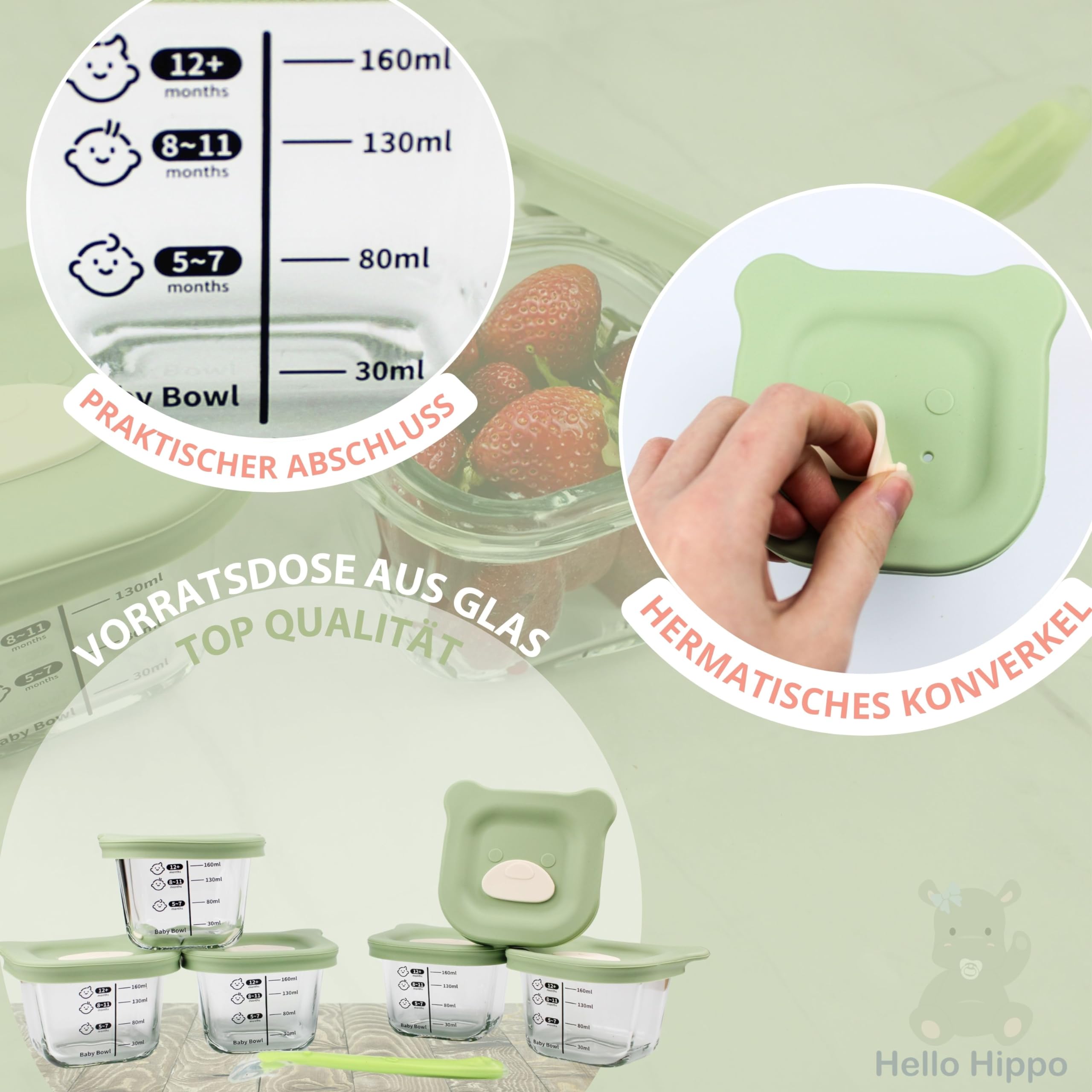 HELLO HIPPO® Set mit 6 Babygläsern à 180 ml – Ideal für Kompotte, Pürees und Früchte, luftdicht und praktisch mit Messskala, inklusive Löffel – Perfekt für Babynahrung