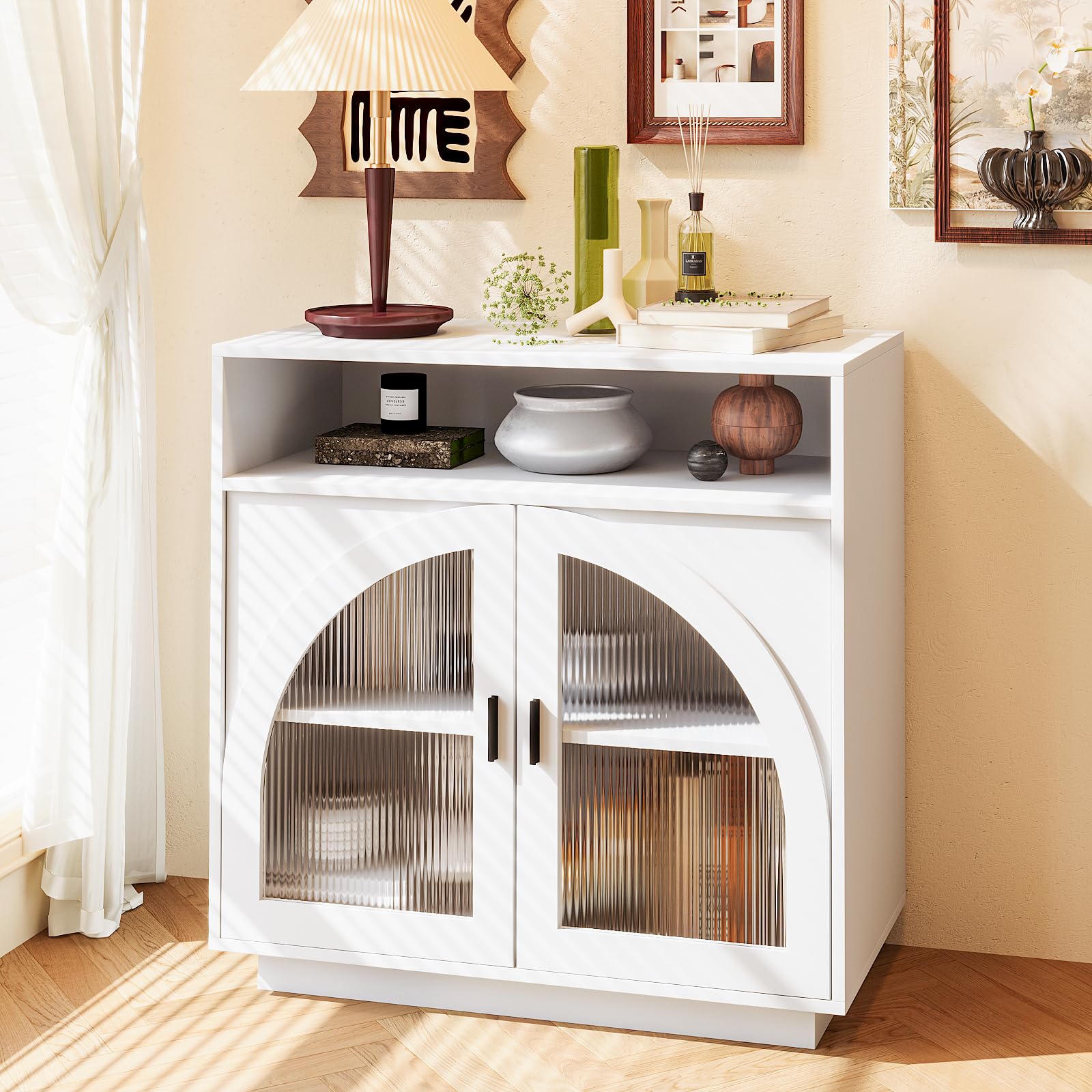 Sideboard Buffet Cabinet with Arched Acrylic Doors &amp; Storage(1, B-White)