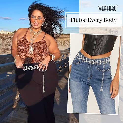Miniatura 2 de WERFORU Cinturón de cadena de eslabones metálicos plateados para mujer, cinturón de cadena para mujer, cinturón de cintura para jeans, Plateado