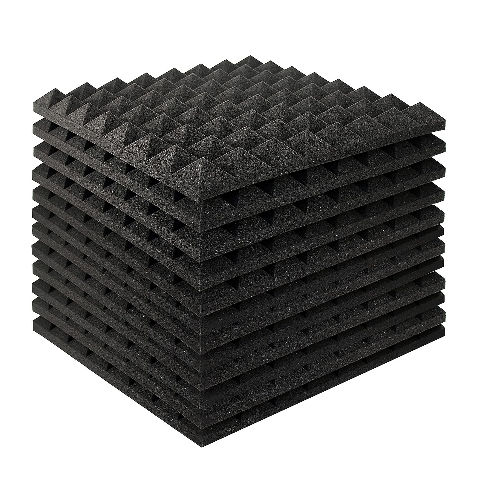 MAYQMAY 12-Pack Pyramid Acoustic Foam Panels Tiles Fireproof Soundproofing Treatment Wall Panels, Noise Cancelling Foam for Recording, Offices, Home, Studios, 20''Lx20''Wx2''H, Black