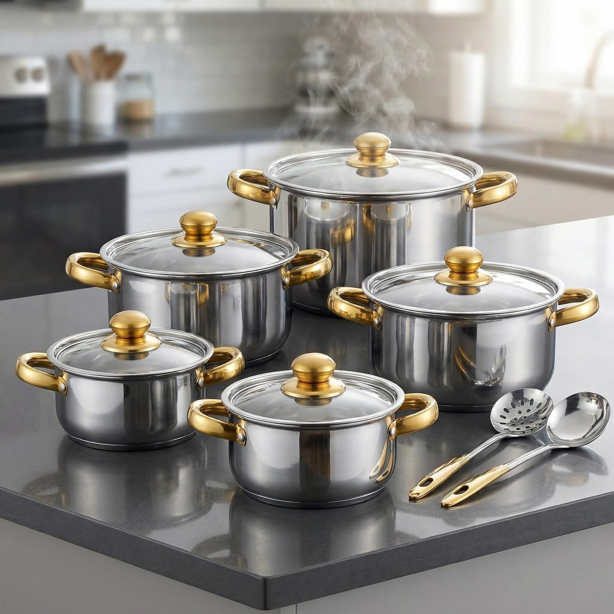 Set di pentole e padelle in acciaio inox – 5 pentole con 5 coperchi, 1 mestolo da zuppa, 1 cucchiaio scanalato, manici antiaderenti e fissi, senza PFOA per cucina Set di pentole
