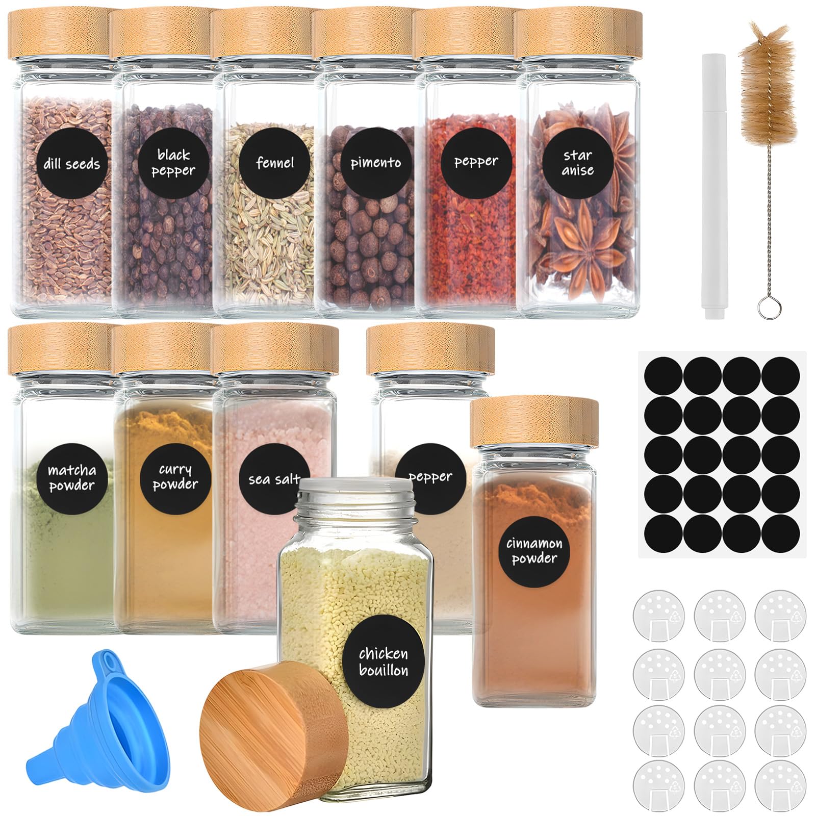 12Pcs Barattoli Spezie Vetro con Coperchio in Bambù, Contenitori Spezie Trasparente Cucina Cucinaper Vasetti Spezien Portaspezie Zuccheriera Inclusi Setaccio, Etichette, Spazzola, Lmbuto, Penna