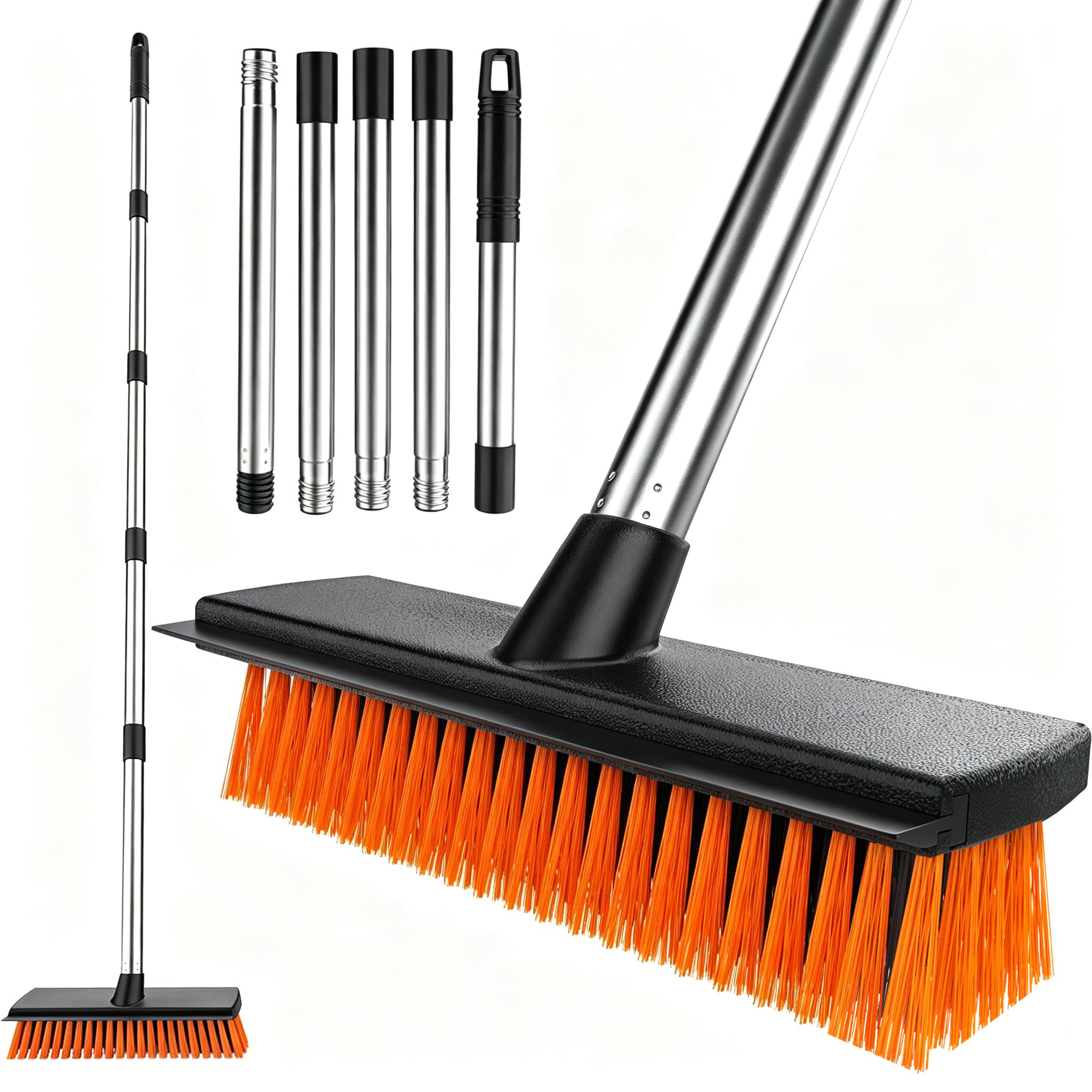 Garden Broom Outdoor Heavy Duty, Garden Brush Outdoor Broom Yard Brush with 10.7" Stiff Broom Head & Squeegee, 57" Long Handle Outside Sweeping Brush for Cleaning Patio, Yard, Driveway