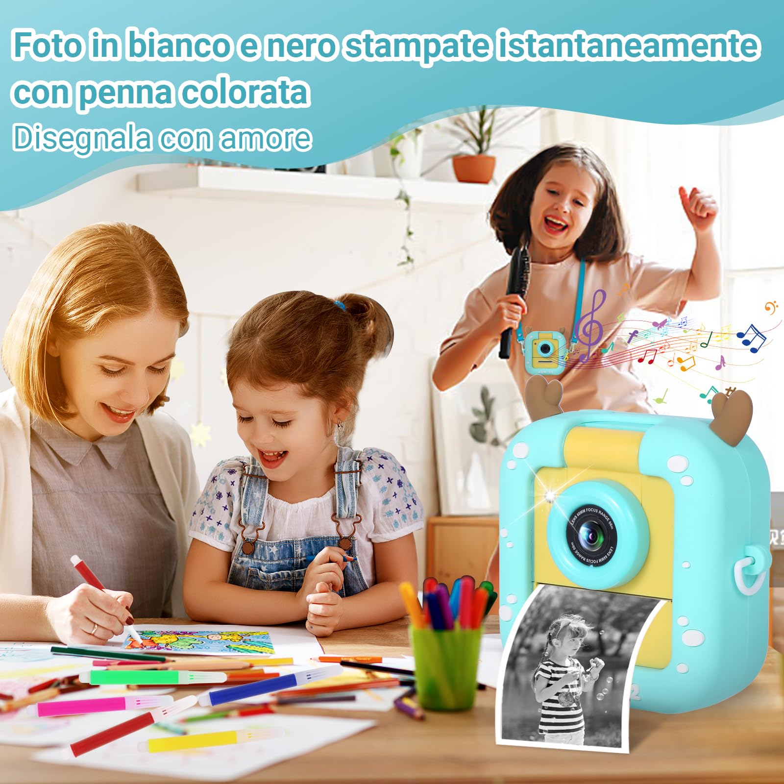 Macchina Fotografica Bambini Istantanea, ZUEOKAI 2,4" Fotocamera Istantanea Bambini con 180° Flip Obiettivo e 3 Stampa Carta, 32GB, Fotocamera con Silicone Custodia, Regalo Bambina Bambino 3-10
